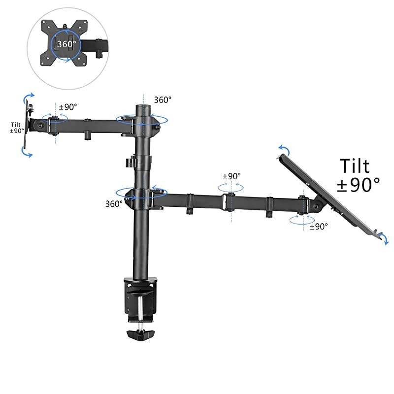Full Motion Computer Monitor and Laptop Riser Desk Mount Stand, Height Adjustable (400mm), Fits 13-27 inch Screen and up to 17 inch Notebooks, VESA 75/100, up to 22lbs for Each (MD6432TP004)