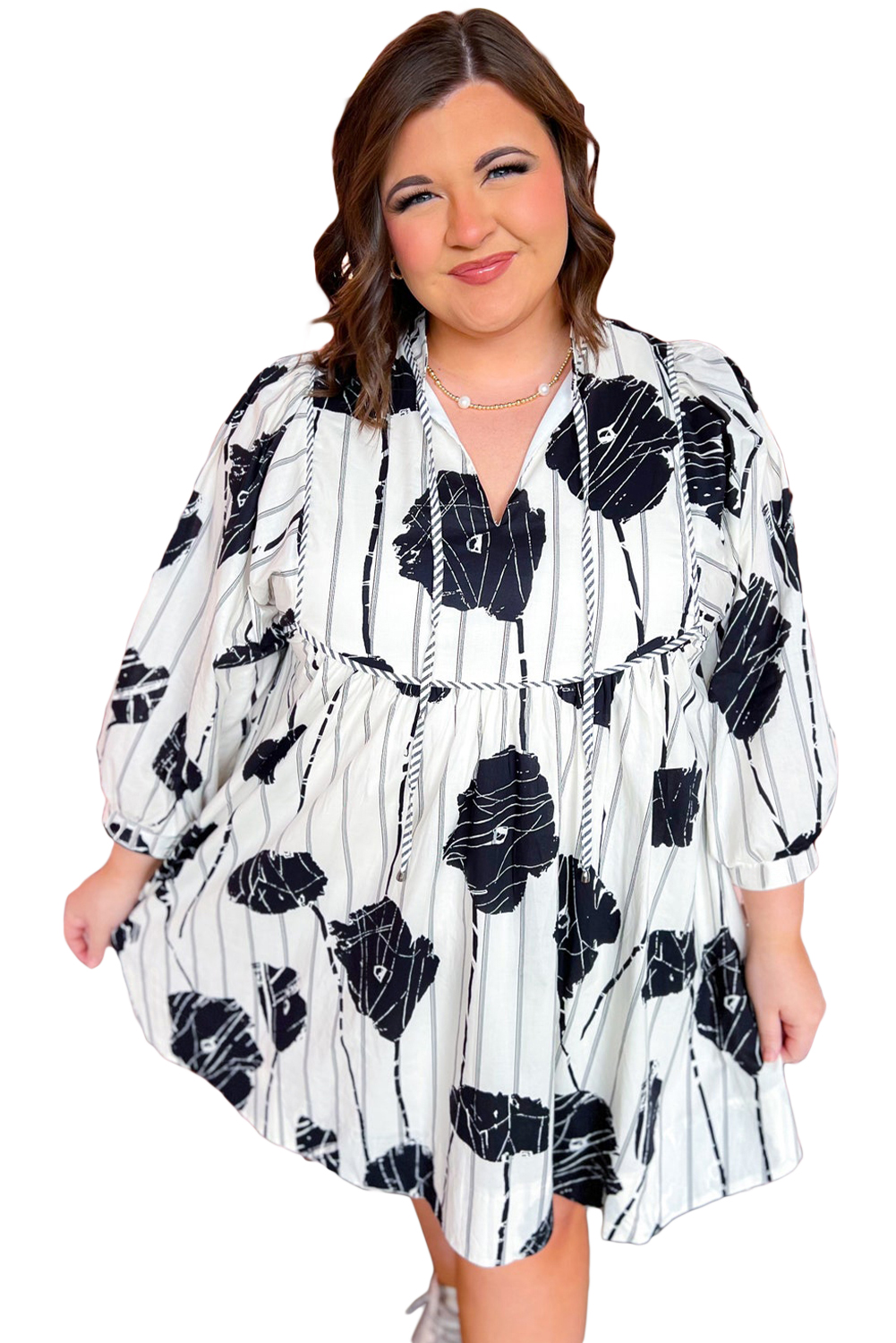 Black Leopard Patchwork Split Neck Ruffle Plus Size Dress