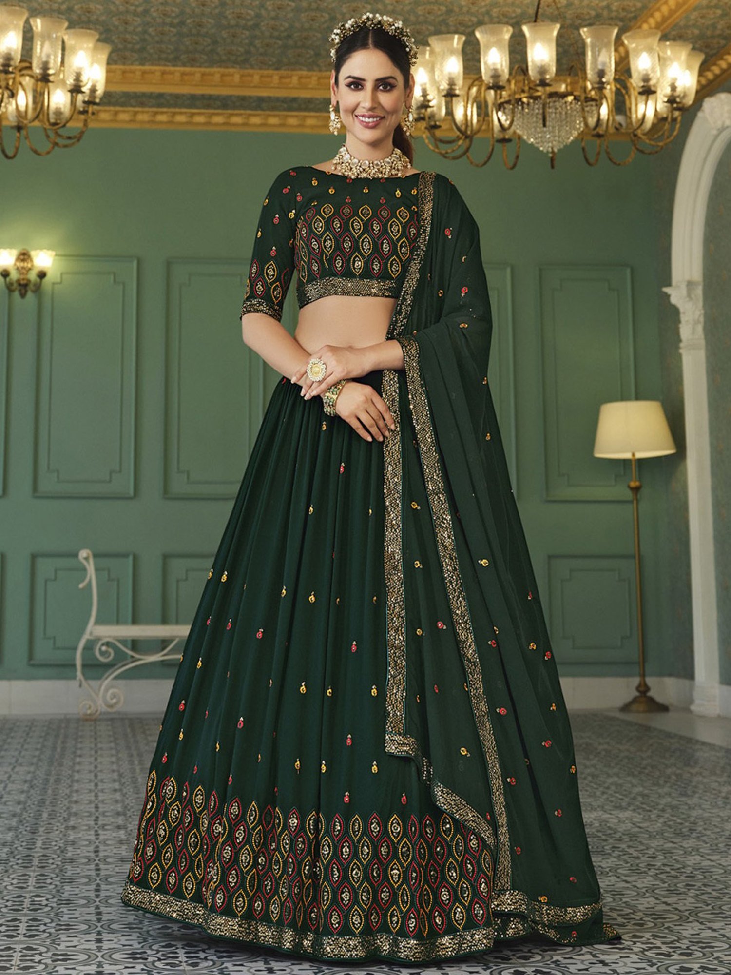 SHUBHKALA Green Embroidered Lehenga and Choli Set With Dupatta