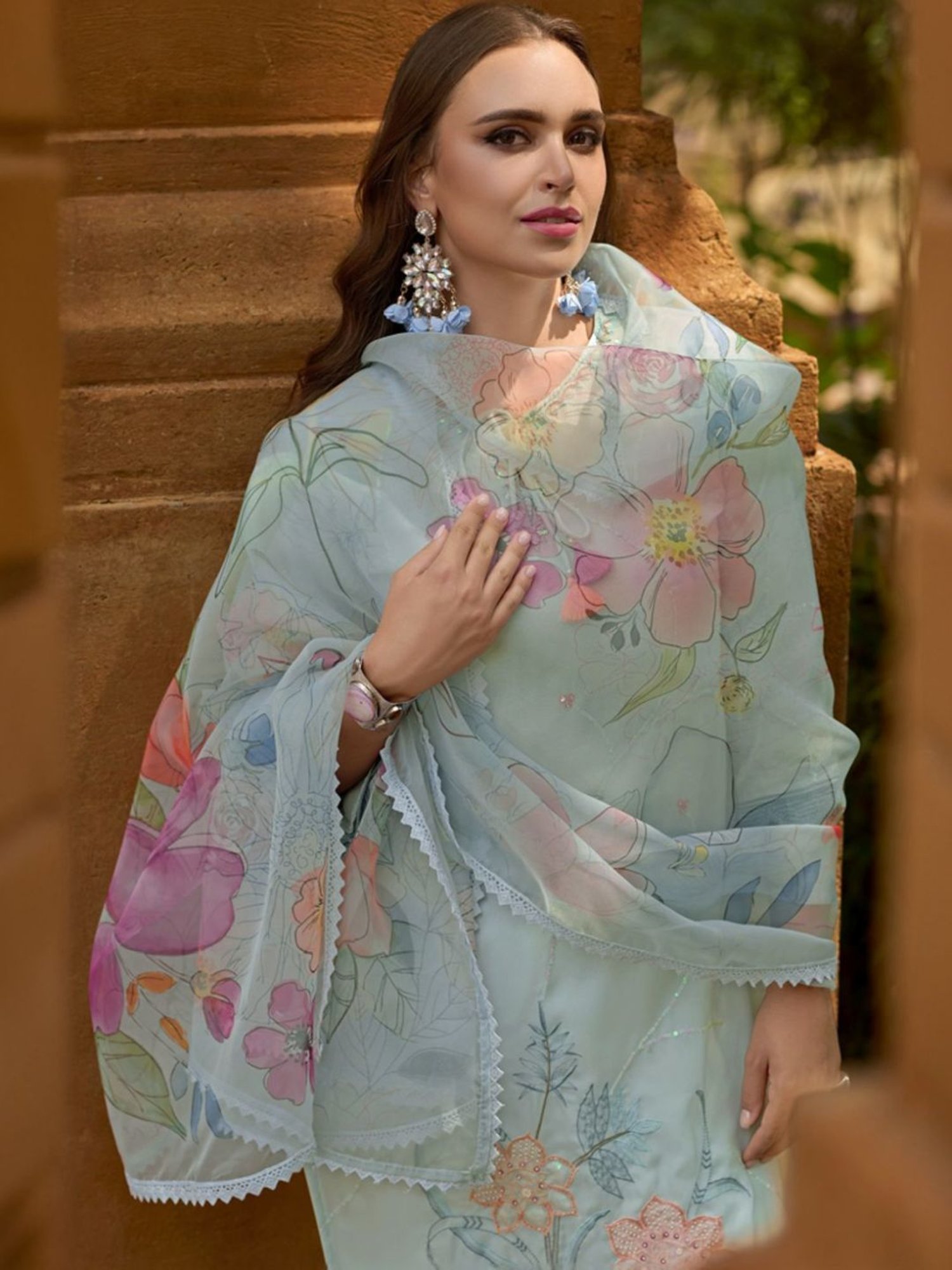 Autumnlane Blue Gulshan Sky Embroidery Handwork Kurta with Pant and Dupatta