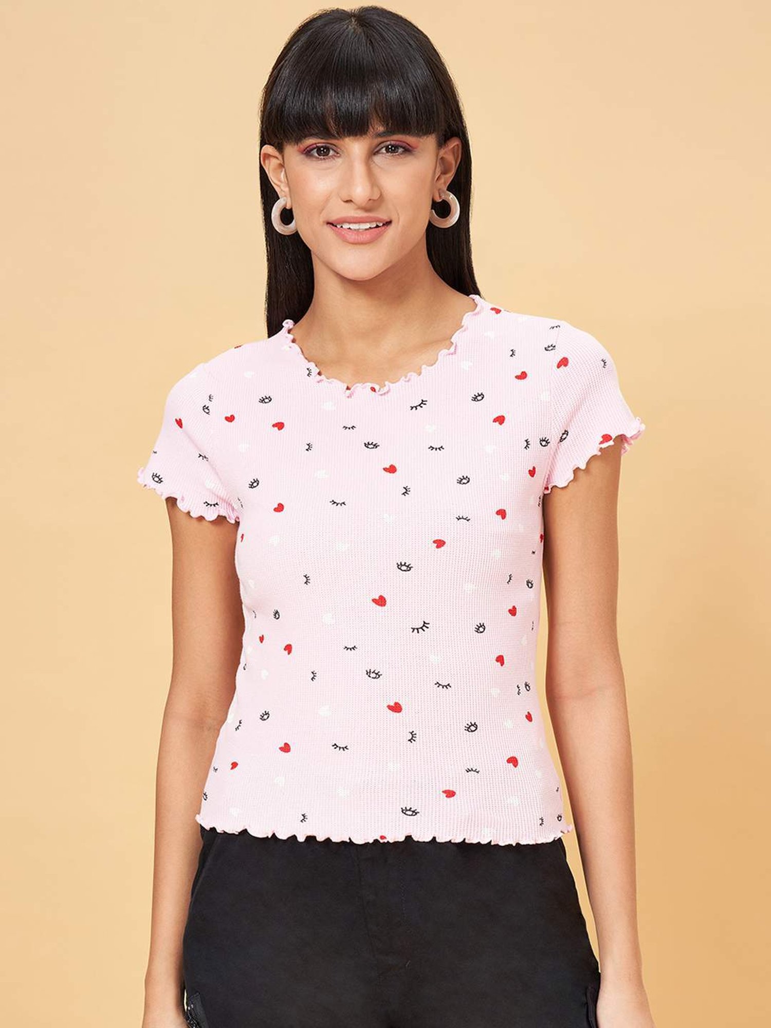 People by Pantaloons Candy Pink Cotton Printed T-Shirt