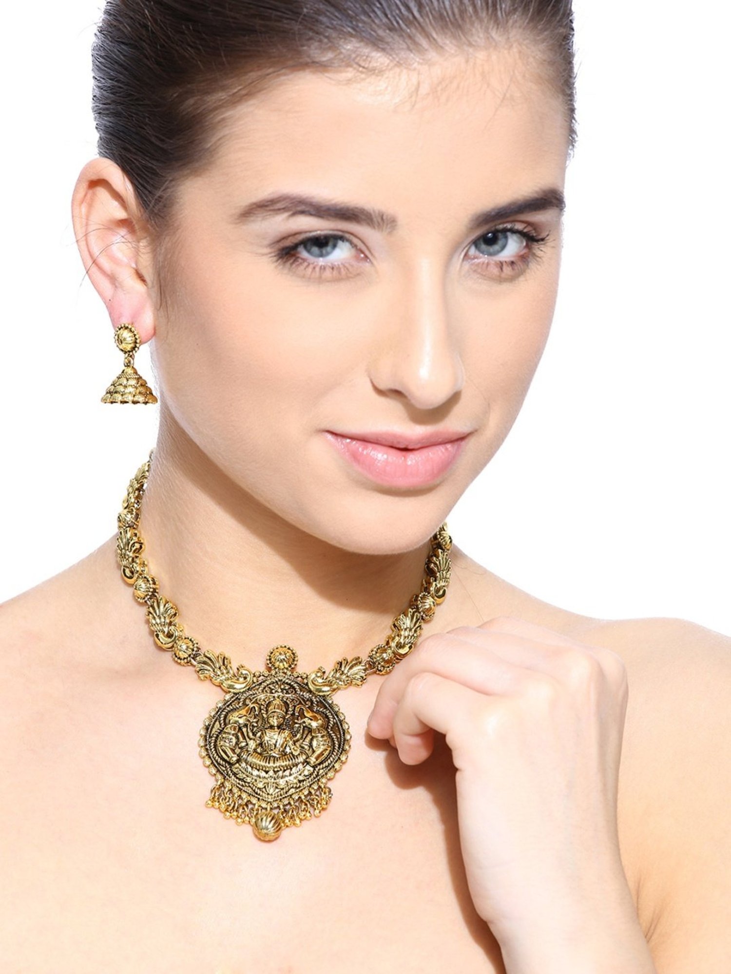 Zaveri Pearls Yellow & Black Alloy Temple Necklace Set