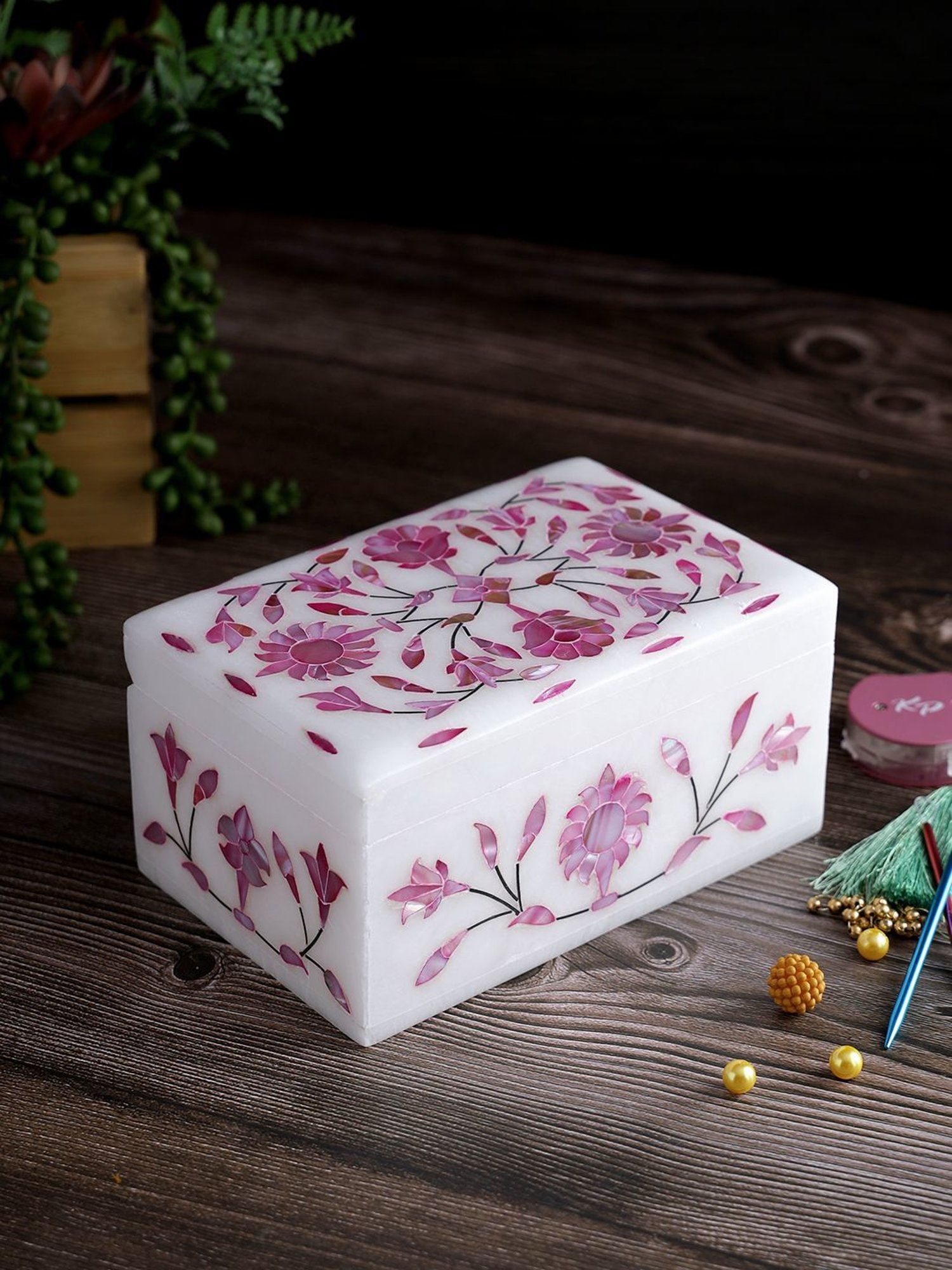 Aapno Rajasthan Pink & White Marble Multiusage Box