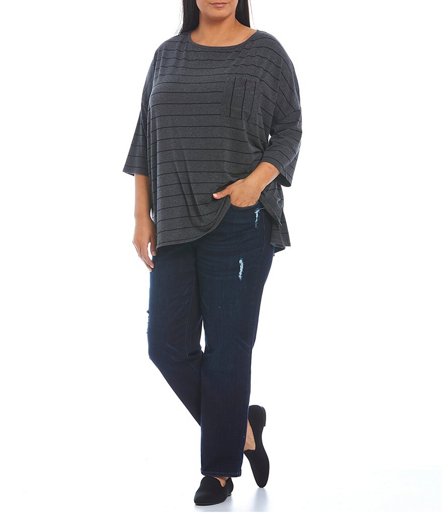 Westbound Plus Size Striped Round Neck 3/4 Sleeve 1 Pocket Tee