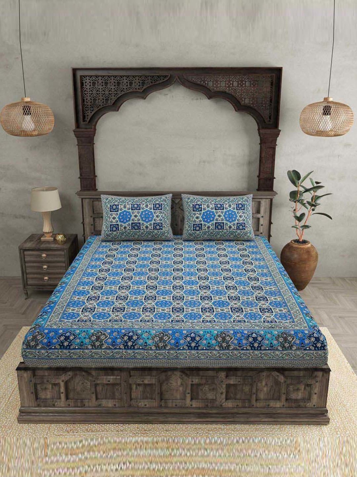 JaipurFabric Denim Blue Cotton 180 TC Double Bedsheet with 2 Pillow Covers