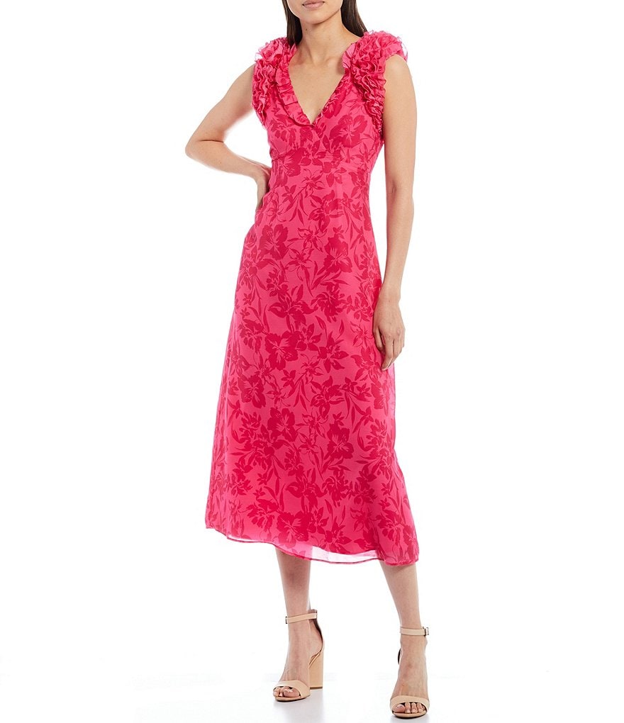 Adelyn Rae Tonal Print Ruffle Sleeveless V-Neck Midi Dress