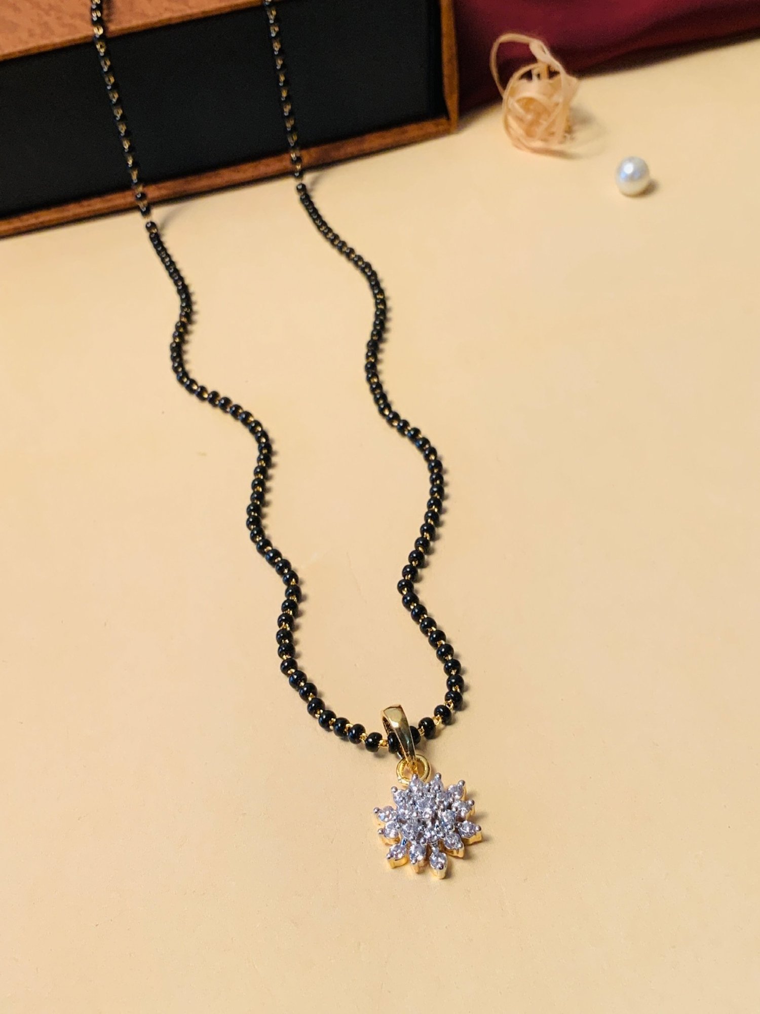 Abdesigns Gold-Plated American Diamond & Black Beaded Mangalsutra