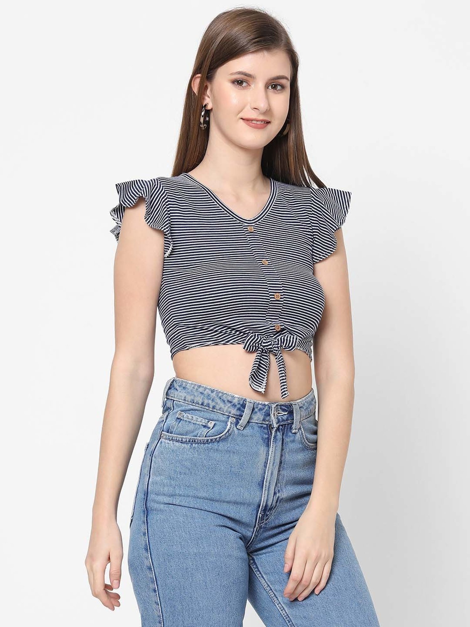 VASTRADO Navy Cotton Striped Crop Top