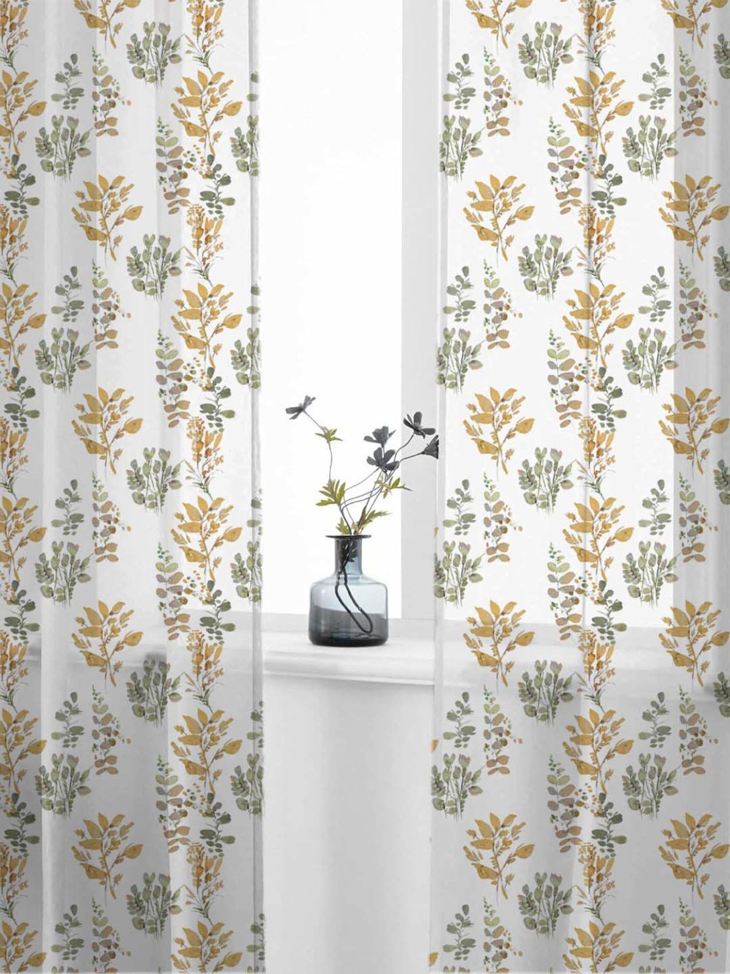 Urban Space White & Green Polyester Floral Printed Sheer Window Curtain - Set of 2