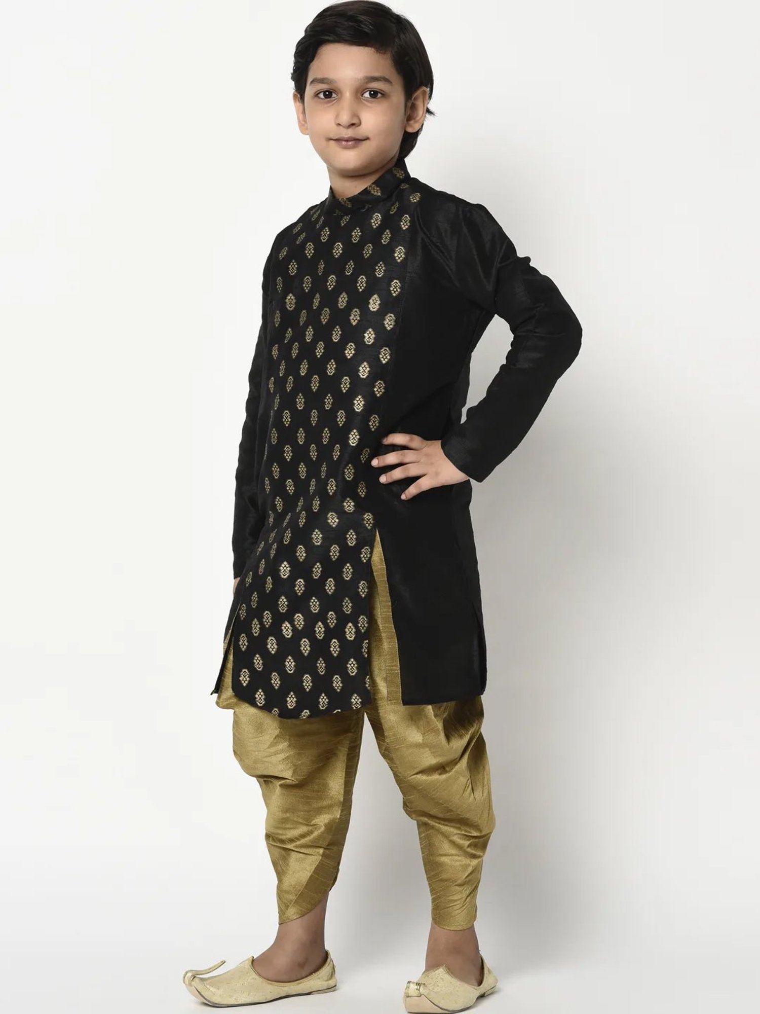 Deyann Kids Black & Gold Self Design Full Sleeves Kurta with Patiala