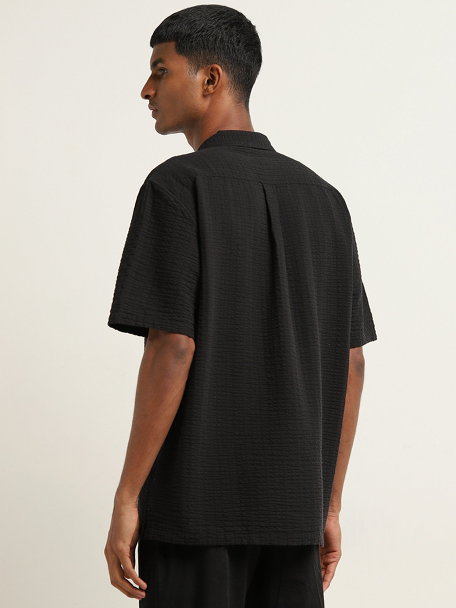 ETA by Westside Black Seersucker Relaxed-Fit Cotton Blend Shirt