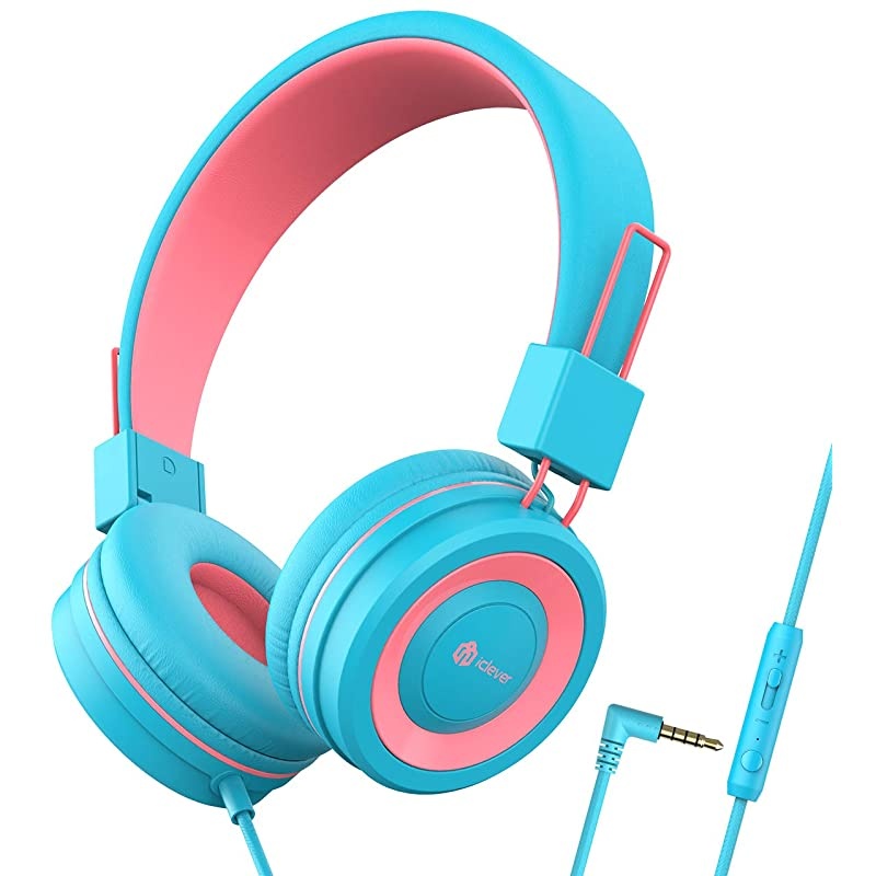 HS14 Kids Headphones with Microphone, Headphones for Kids with 94dB Volume Limited for Boys Girls, Adjustable Headband, Foldable, Child Headphones for Study Tablet Airplane School-Blue,Pink