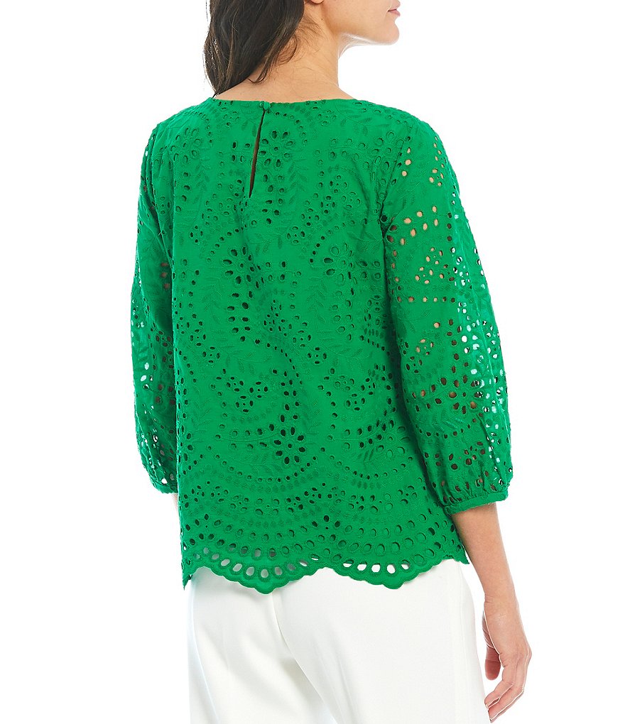 Preston & York Alexia Eyelet Boat Neck 3/4 Sleeve Woven Blouse