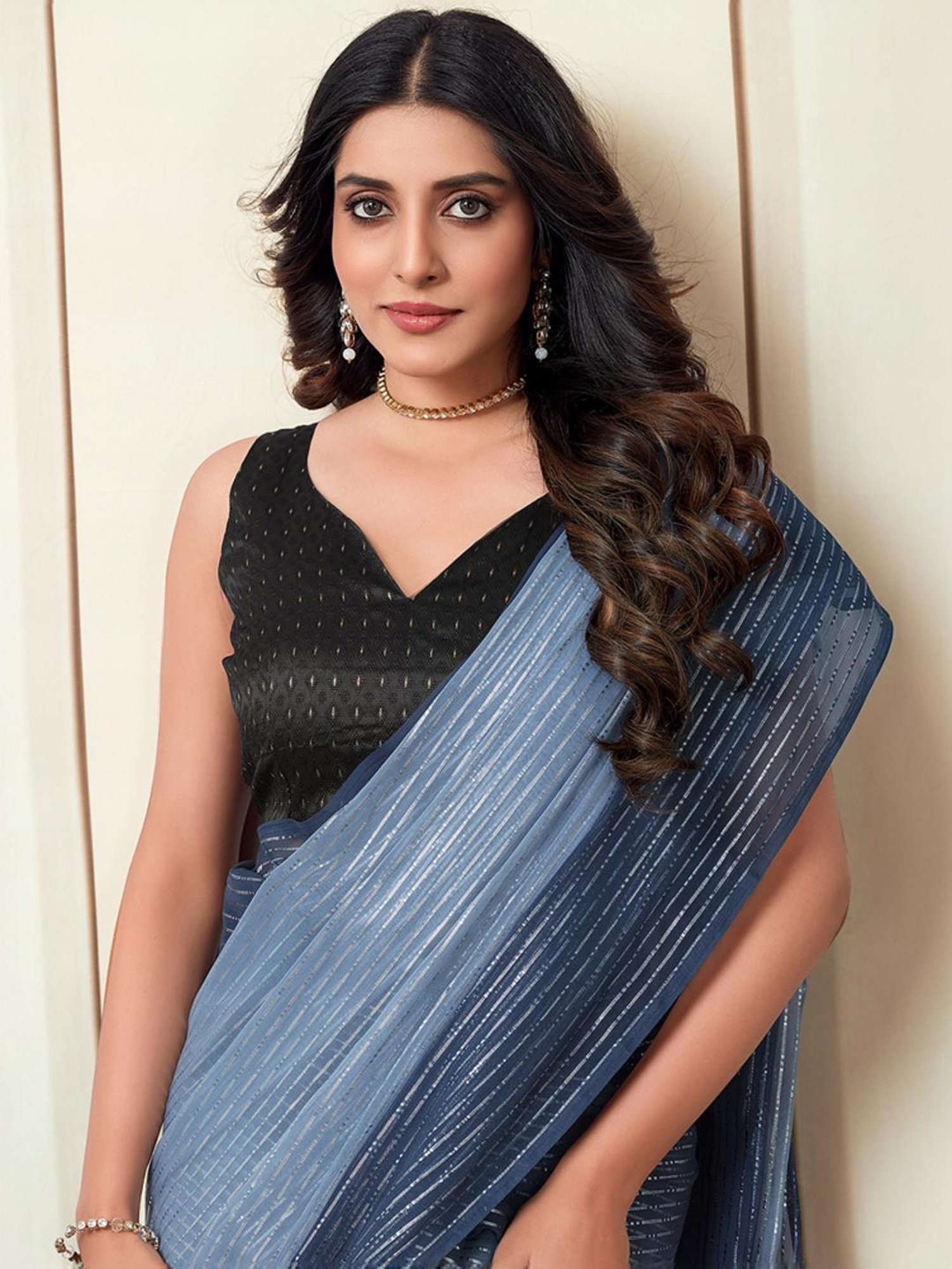 Satrani Blue & Silver Striped Saree With Unstitched Blouse