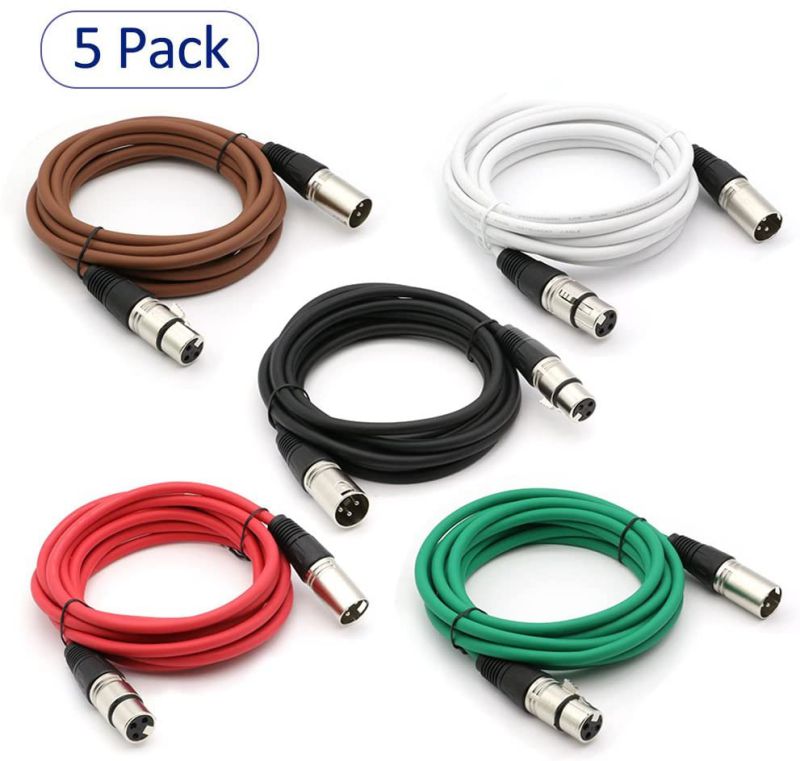 Dremake Professional Audio Mic Cable Cords - XLR 3 Pin Male to XLR 3 Pin Female Colored Cables - 10 Balanced Snake Cord - 5 Pack
