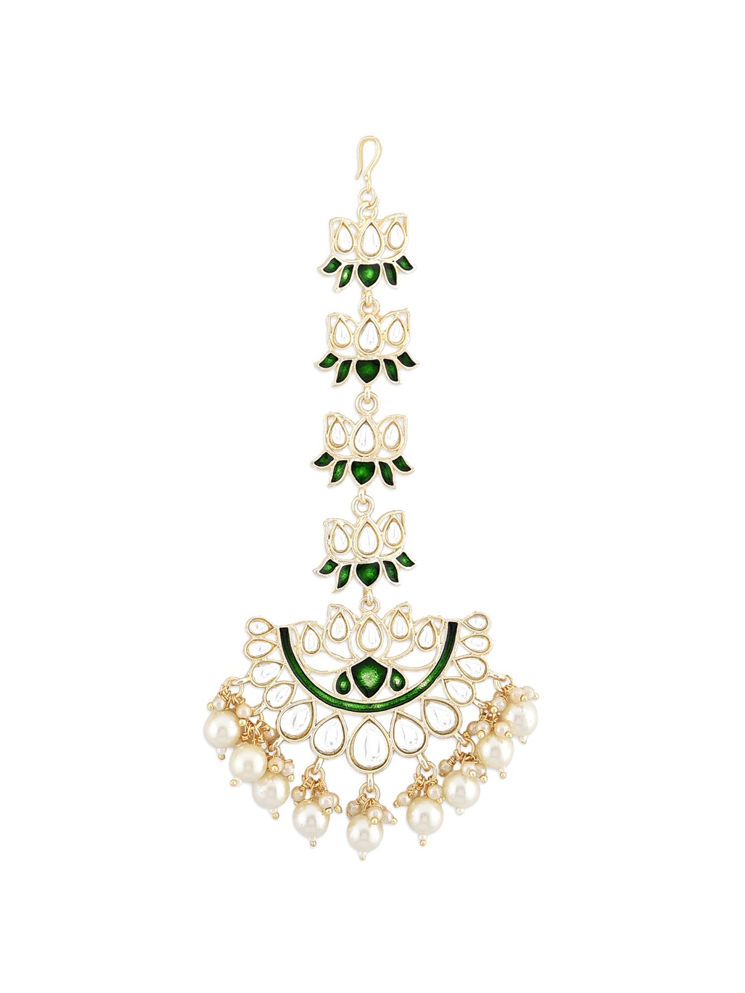 Zaveri Pearls Green Meenakari Lotus Design Kundan Earring & Maangtikka Set