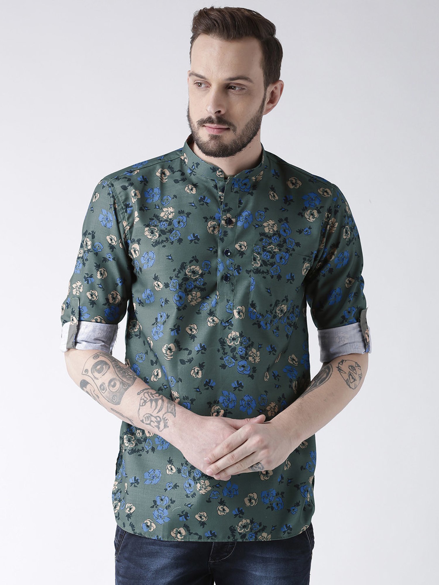 Hangup Plus Green Regular Fit Floral Print Short Kurta