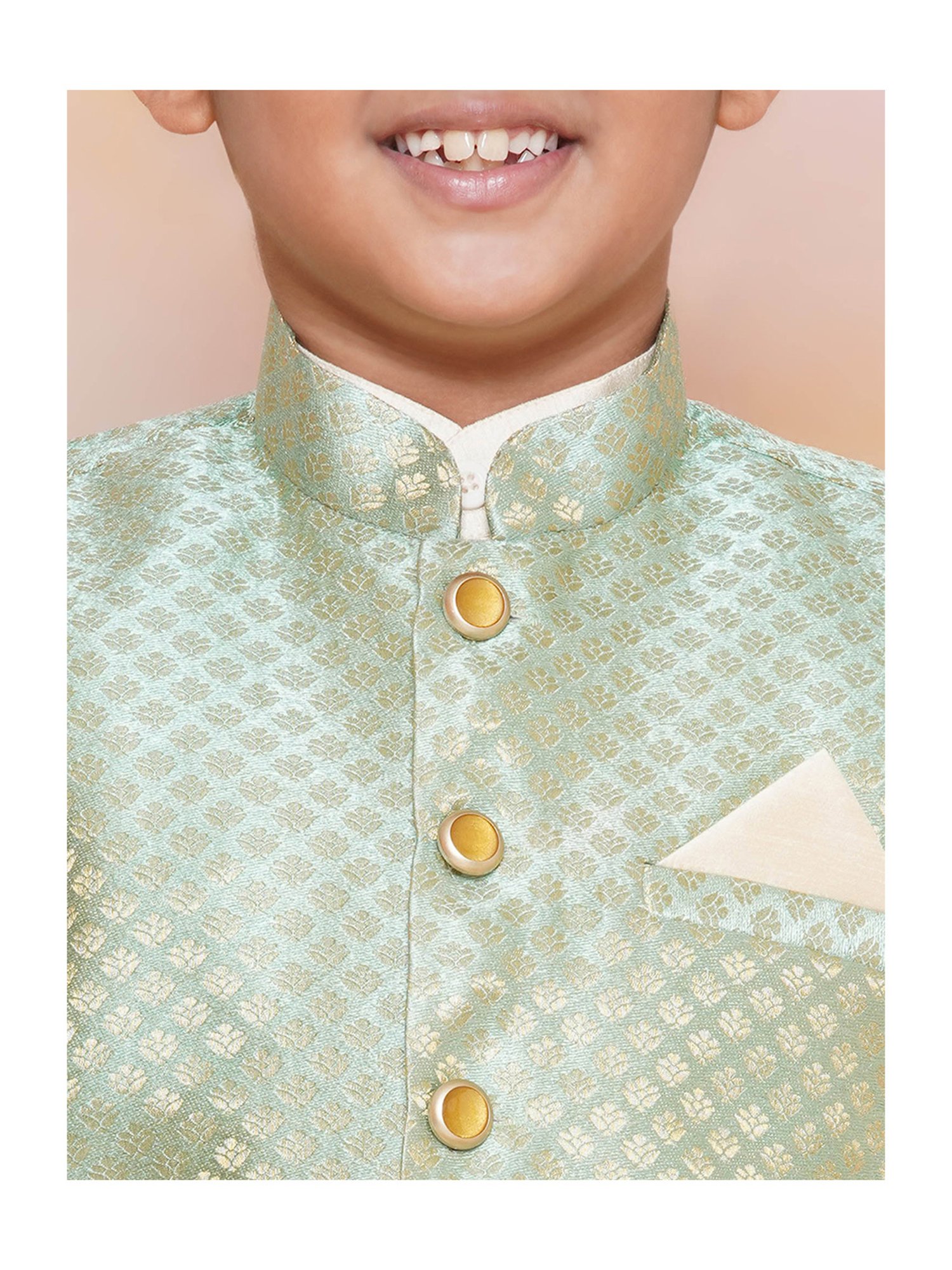 AJ Dezines Kids Green & White Printed Full Sleeves Kurta, Pyjamas with Waistcoat