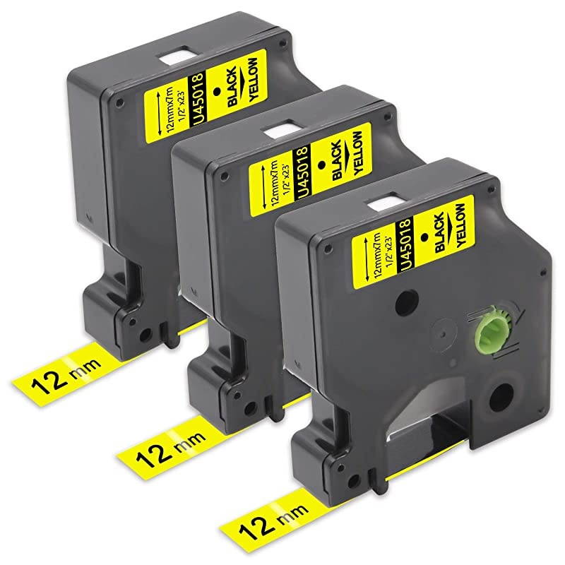 with Dymo Label Tape 45018 S0720580 12mm Black on Yellow Label Tape Use for Dymo LabelManager 160 210D 280 360D PnP 420P PnP LabelPoint 100 150 LabelWriter 400 450 Duo 12 x 23 3Pack