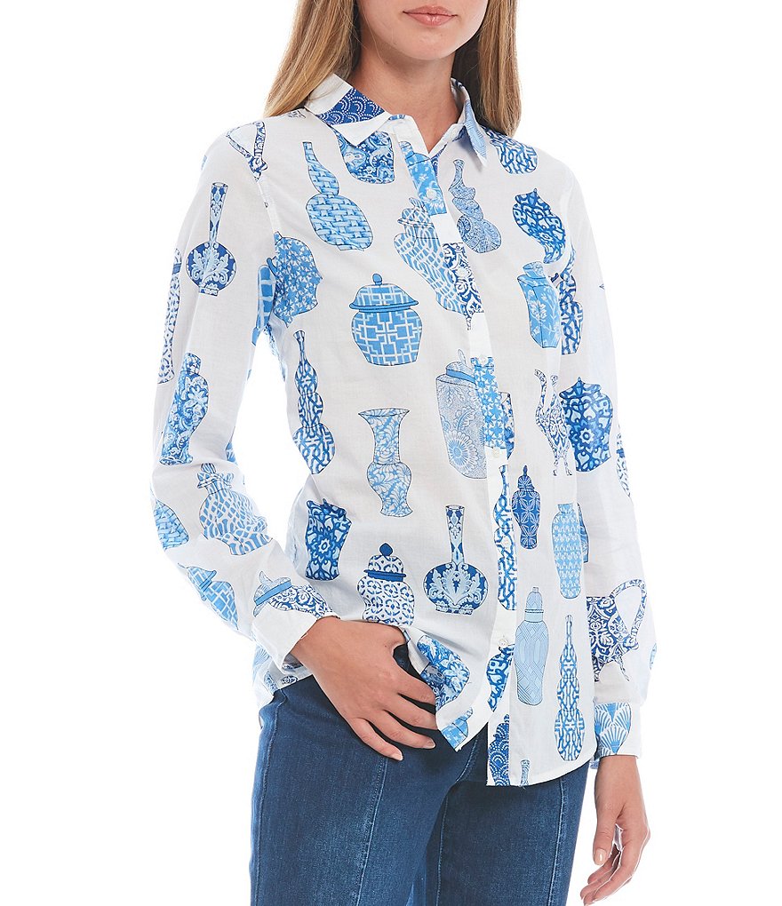 J.McLaughlin Lois Jar Print Cotton Voile Point Collar Long Sleeve Button Front Blouse