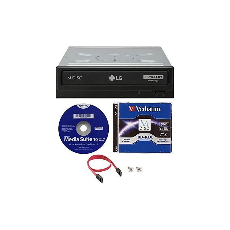 WH16NS60 16x Internal Blu-ray BDXL M-Disc Drive (with Ultra HD 4K Playback) Bundle with 50GB Verbatim M-Disc BD-R DL,Cyberlink and Cable