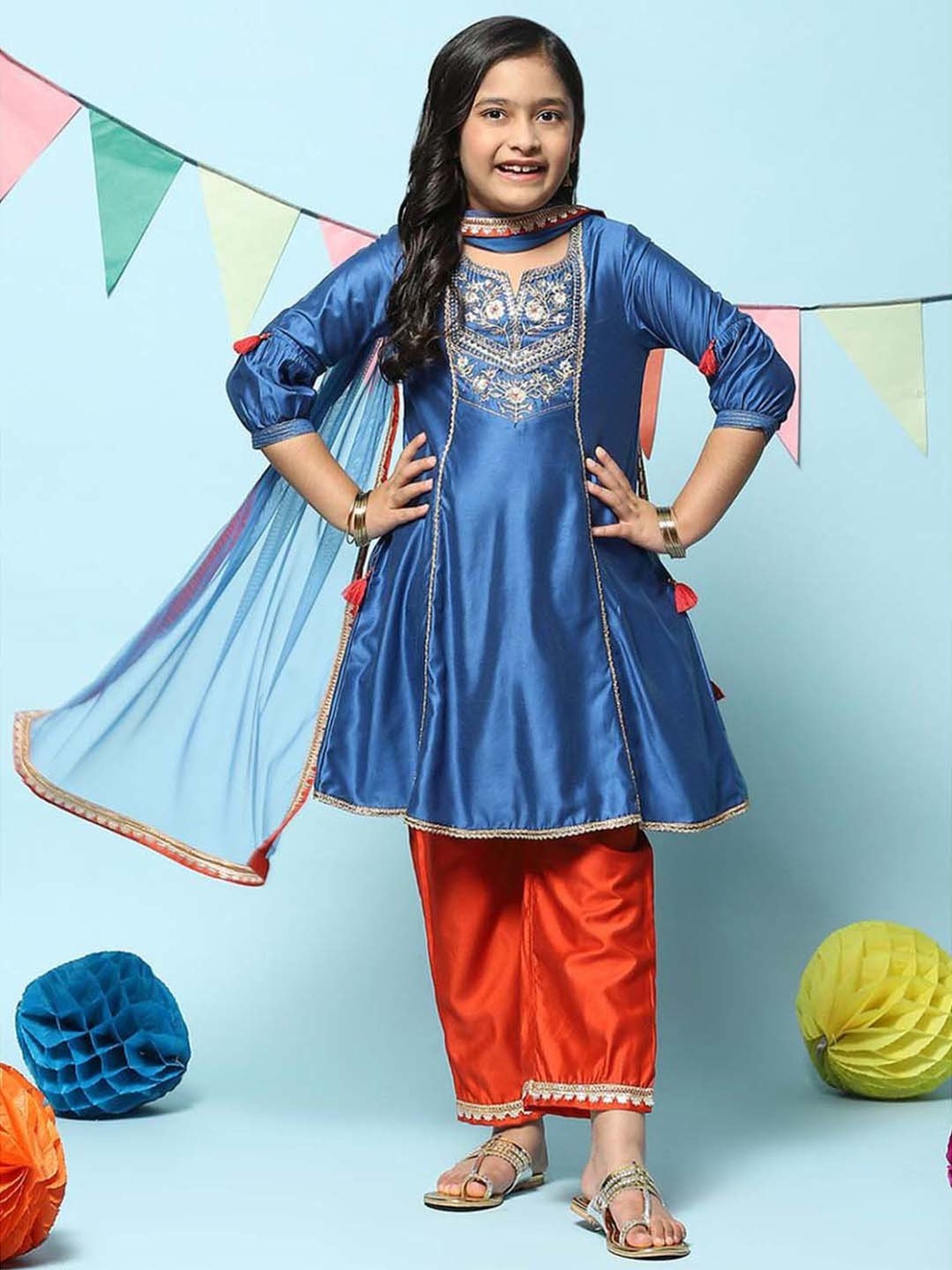 BIBA Girls Kids Blue & Orange Embroidered Kurta Set