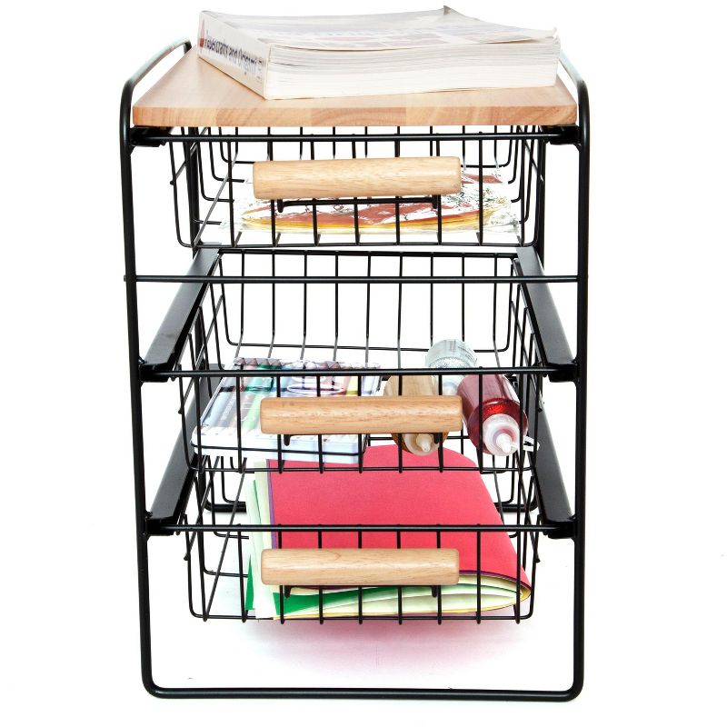 Origami Wood Top Steel Kitchen Organizer 3 Tier Basket Sliding Drawer, Black