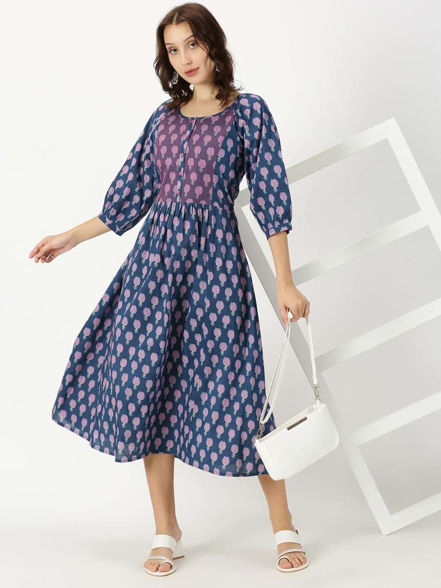 Saffron Threads Blue Floral Print Ethnic Dresses