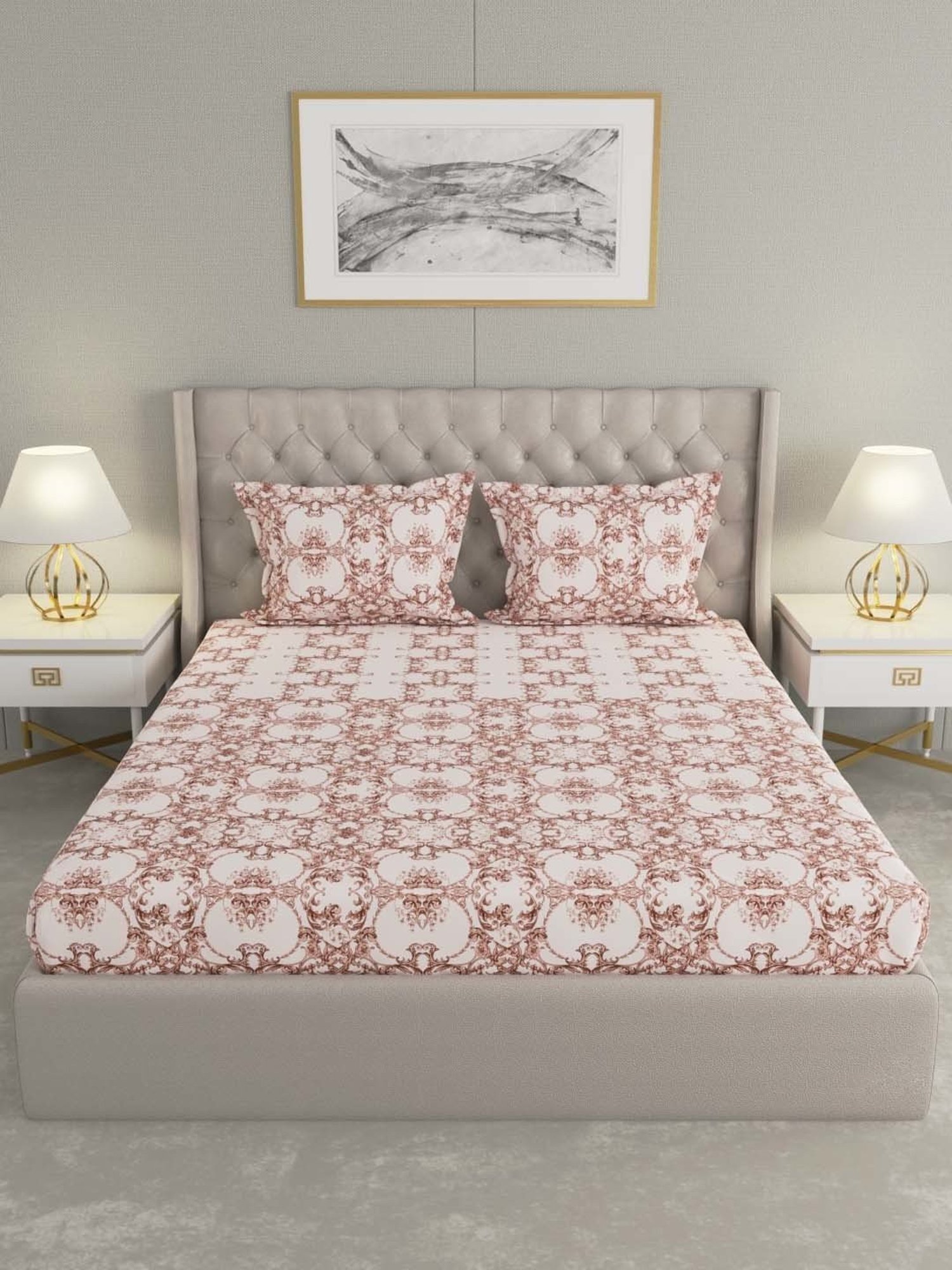 Raymond Home Brown & White Cotton 144 TC King Bedsheet with 2 Pillow Covers