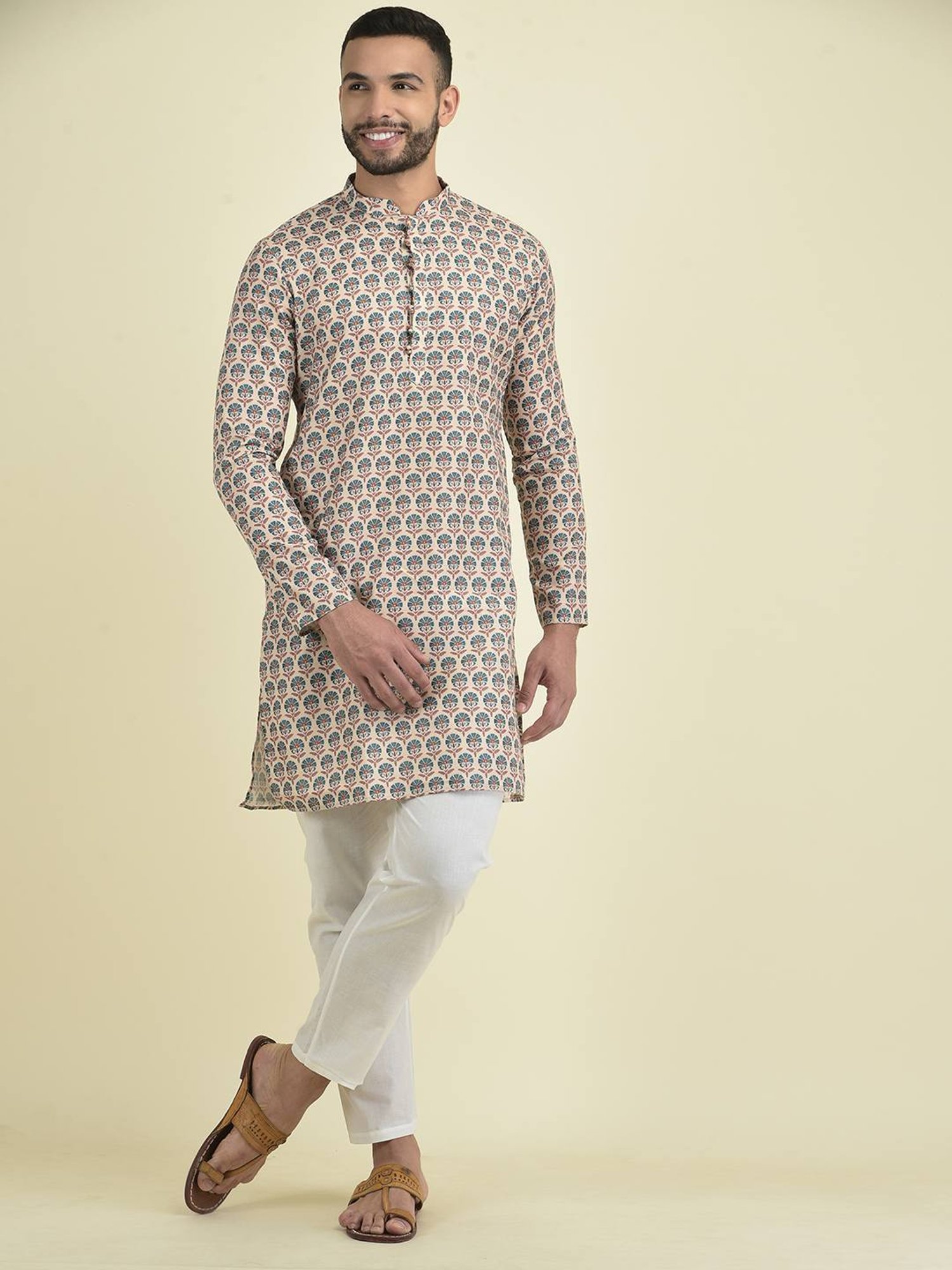 Deyann Cream & White Regular Fit Printed Kurta Set With Jacket