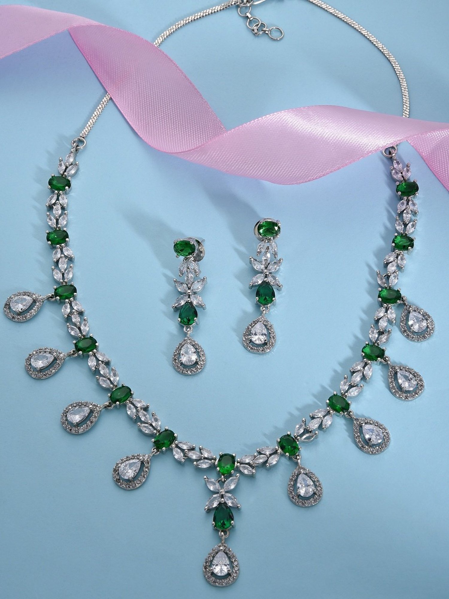 Fida Silver-Plated Green & White Necklace Set for Women