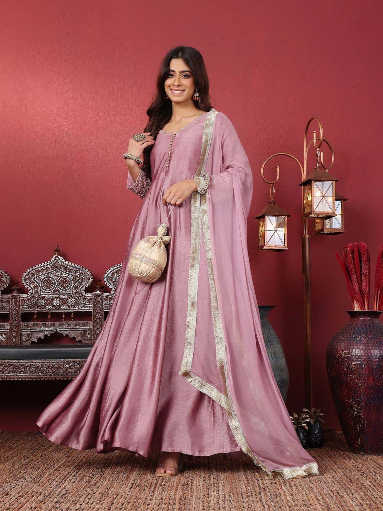 Varanga Mauve Embroidered Anarkali Kurta with Dupatta