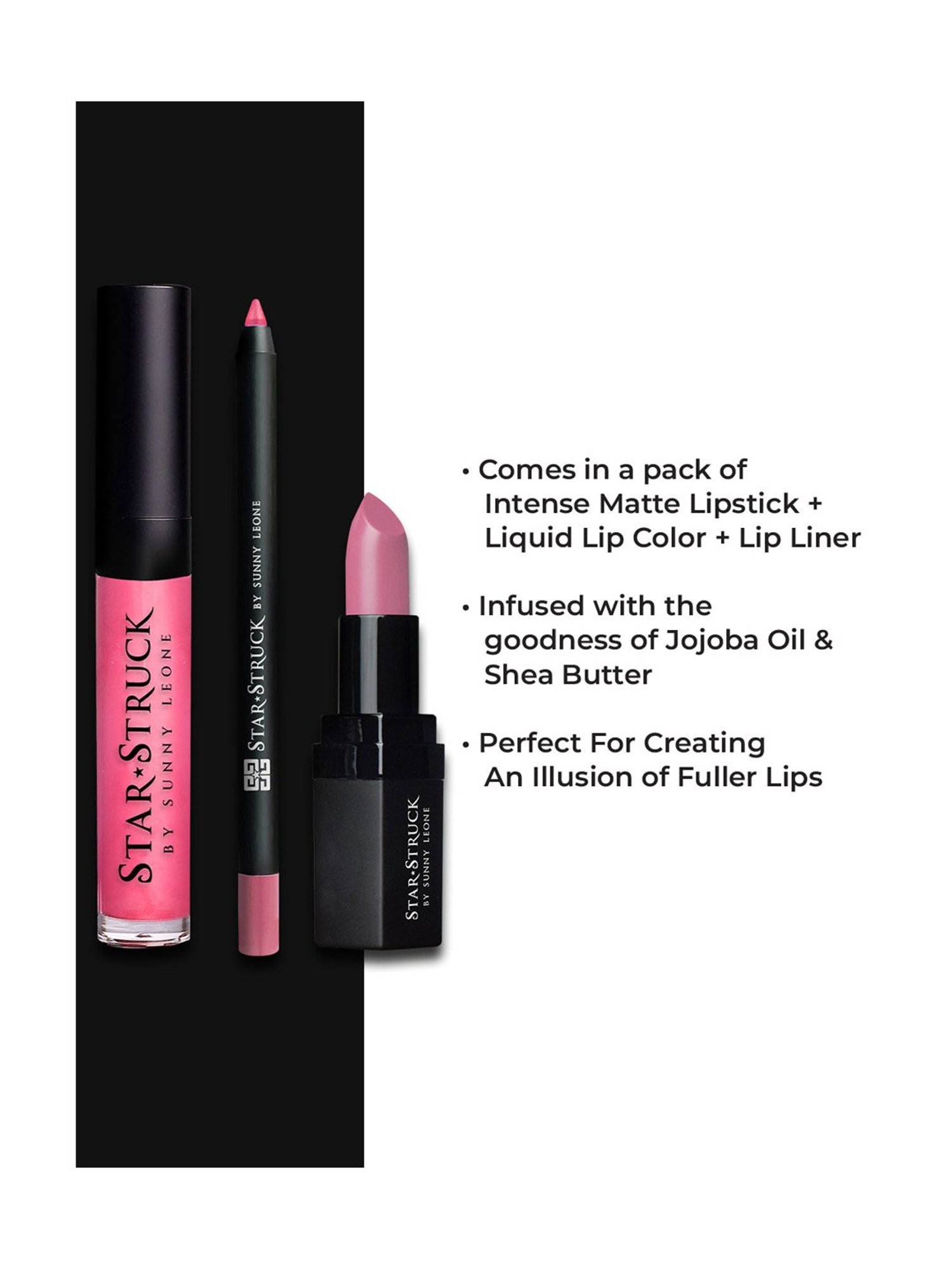 StarStruck By Sunny Leone Lipstick+Lip Gloss+Liner Lip Kit Pink Peony - Pack of 3