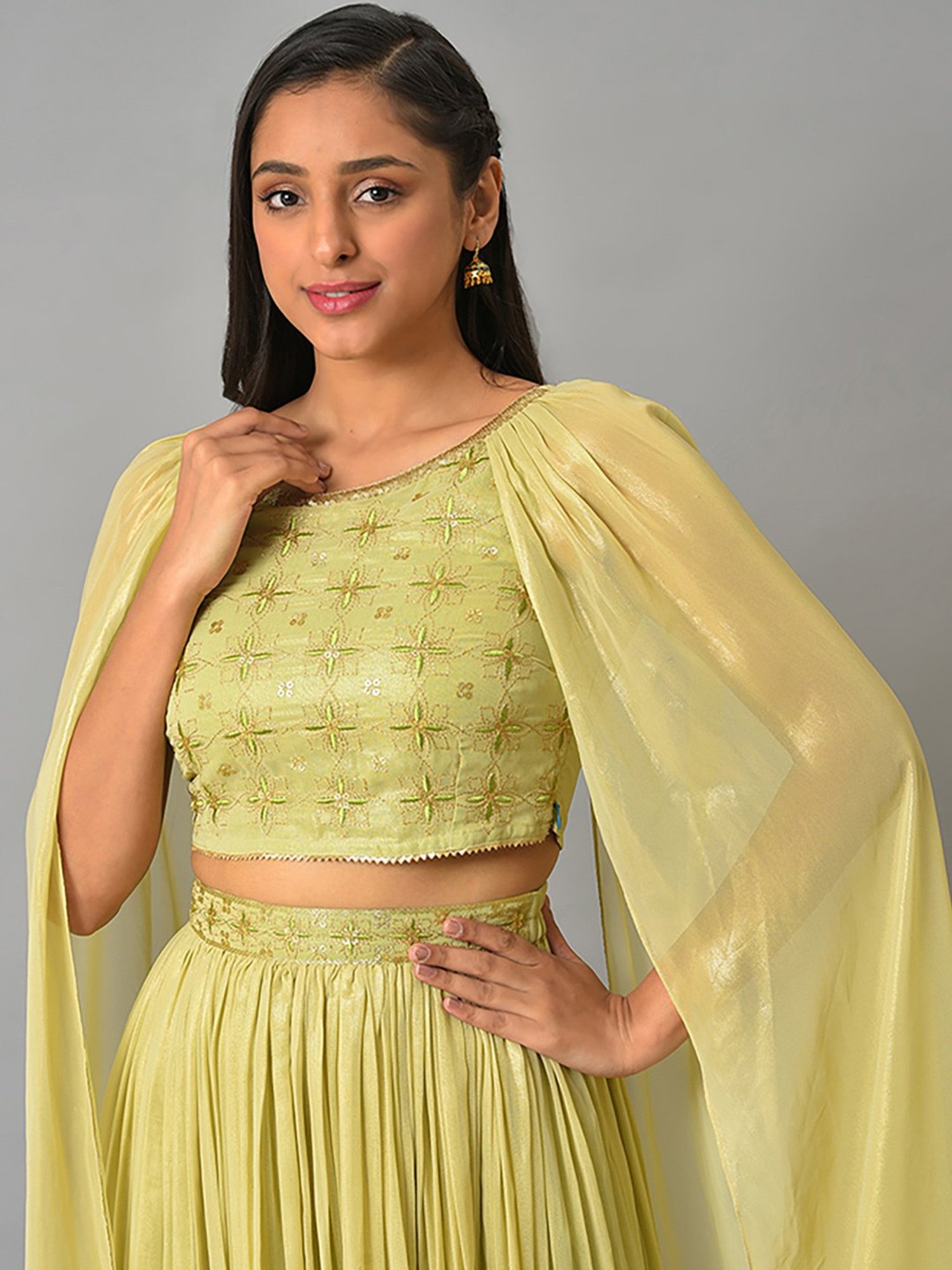 Aurelia Green Embroidered Crop Top Skirt Set