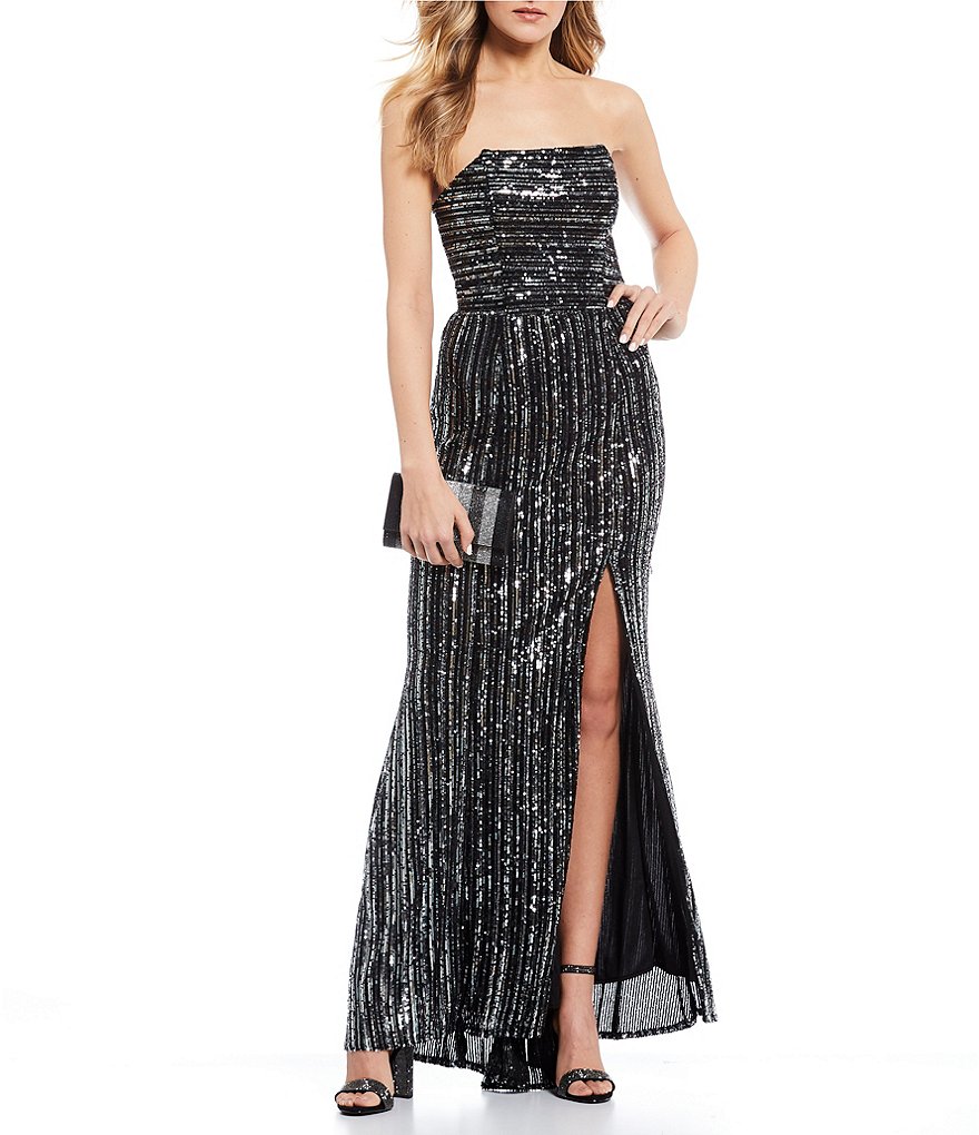 Blondie Nites Strapless Striped Sequin Lace-Up Back Side Slit Long Dress