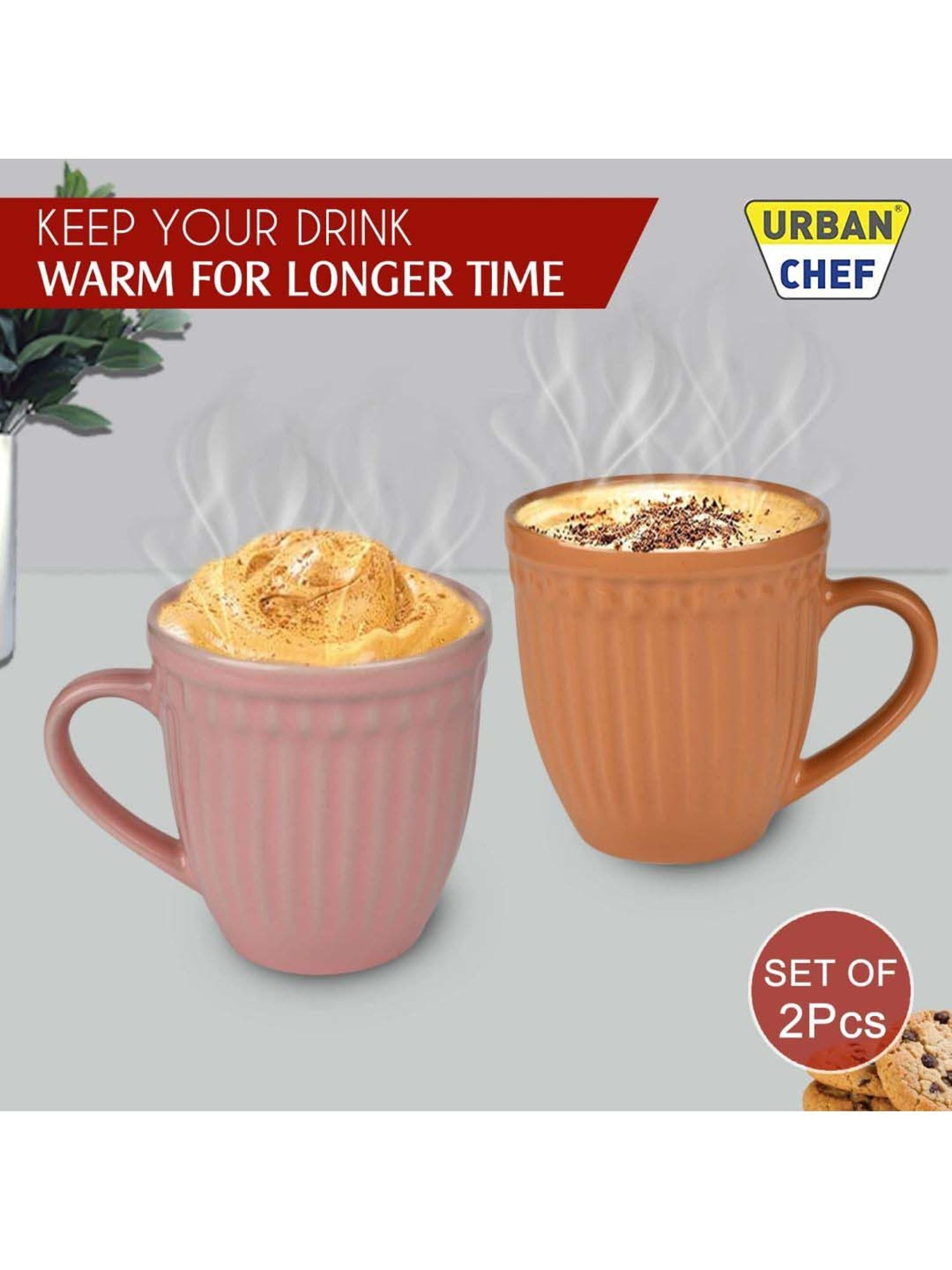 Urban Chef Pink & Brown Ceramic Handcrafted Microwave Safe Tea Cup - Set of 2
