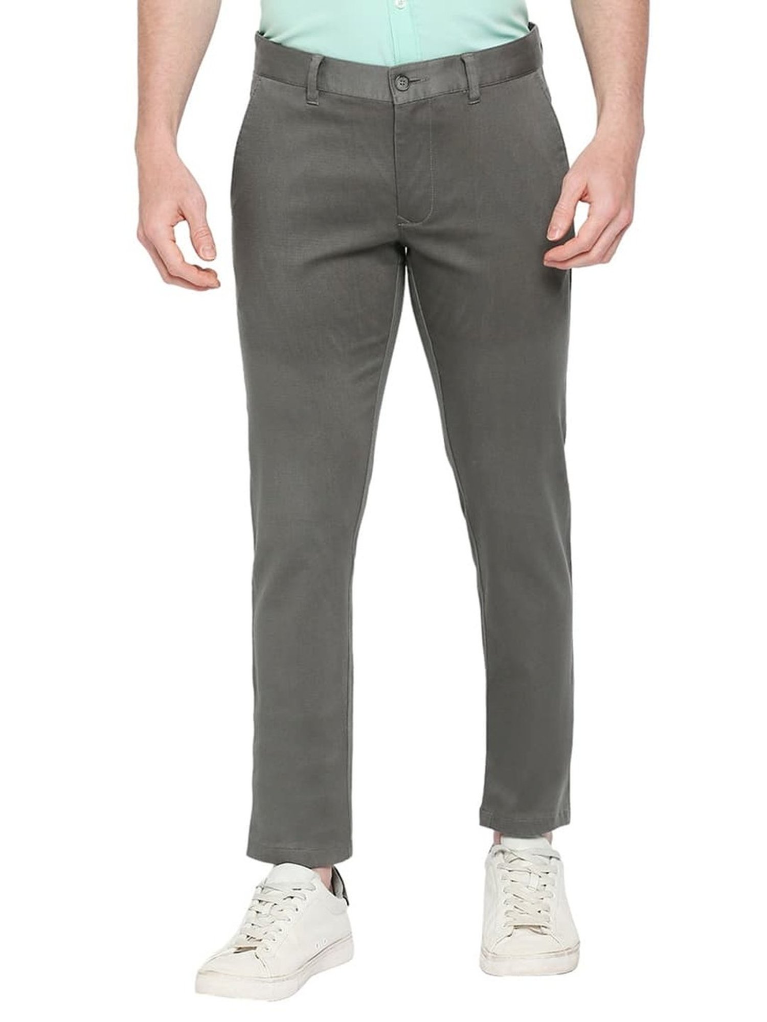 Basics Mid Grey Cotton Tapered Fit Texture Trousers