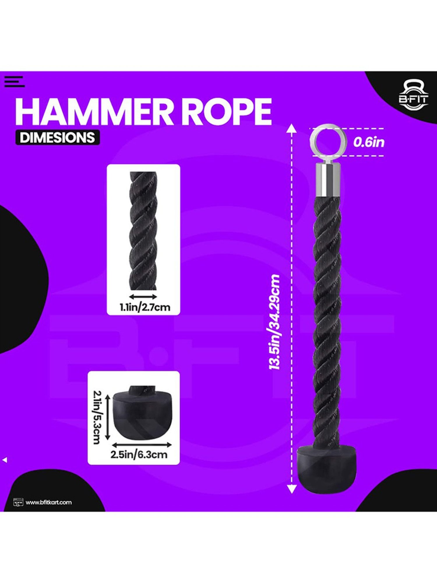 B Fit GH7149 Nylon 14.5" Single Grip Pull Down Bicep Cable Attachment Exercises Tricep Rope (Black)