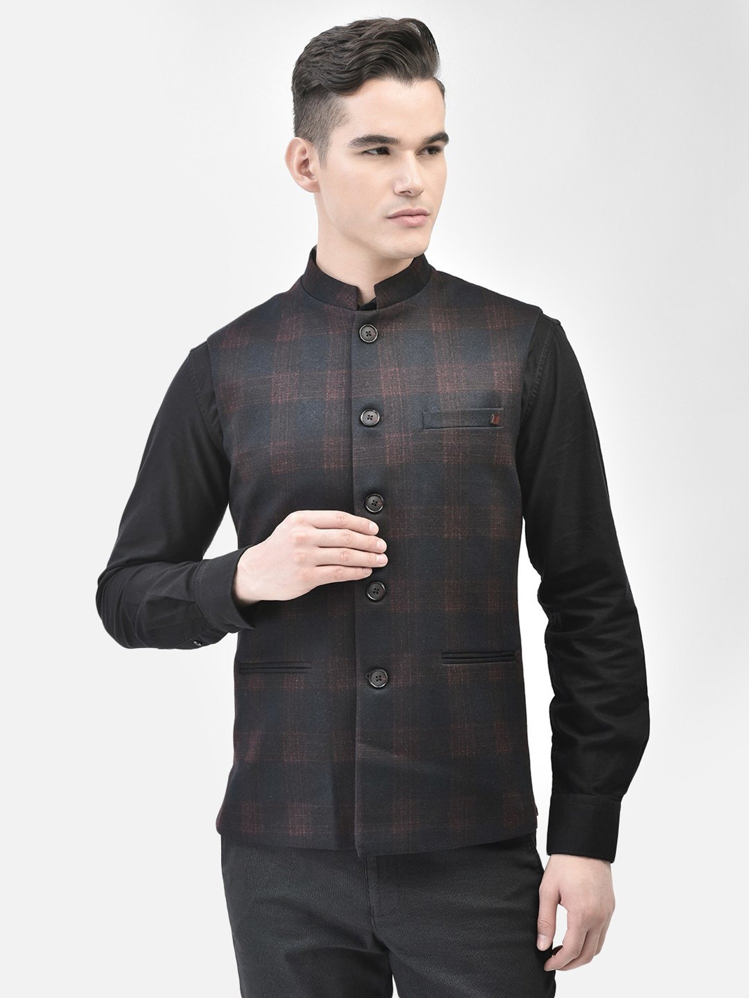 Crimsoune Club Red Slim Fit Checks Nehru Jacket