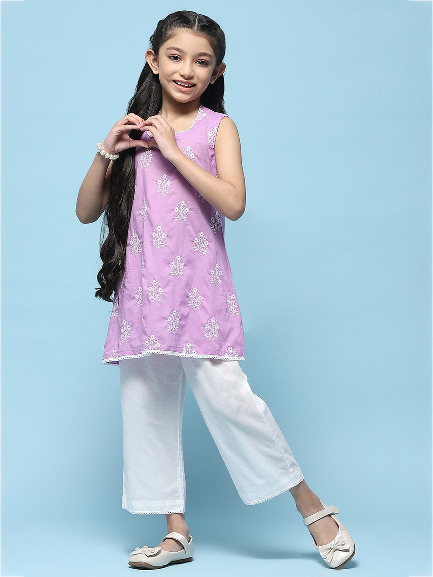 BIBA Girls Purple & White Embroidered Kurta with Plazzos