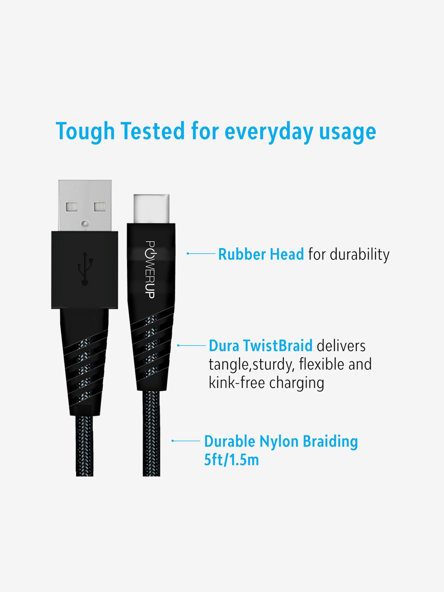Powerup Nylon Extra Tough Braided, Quick Charging &Tangle USB Micro Cable (Black)