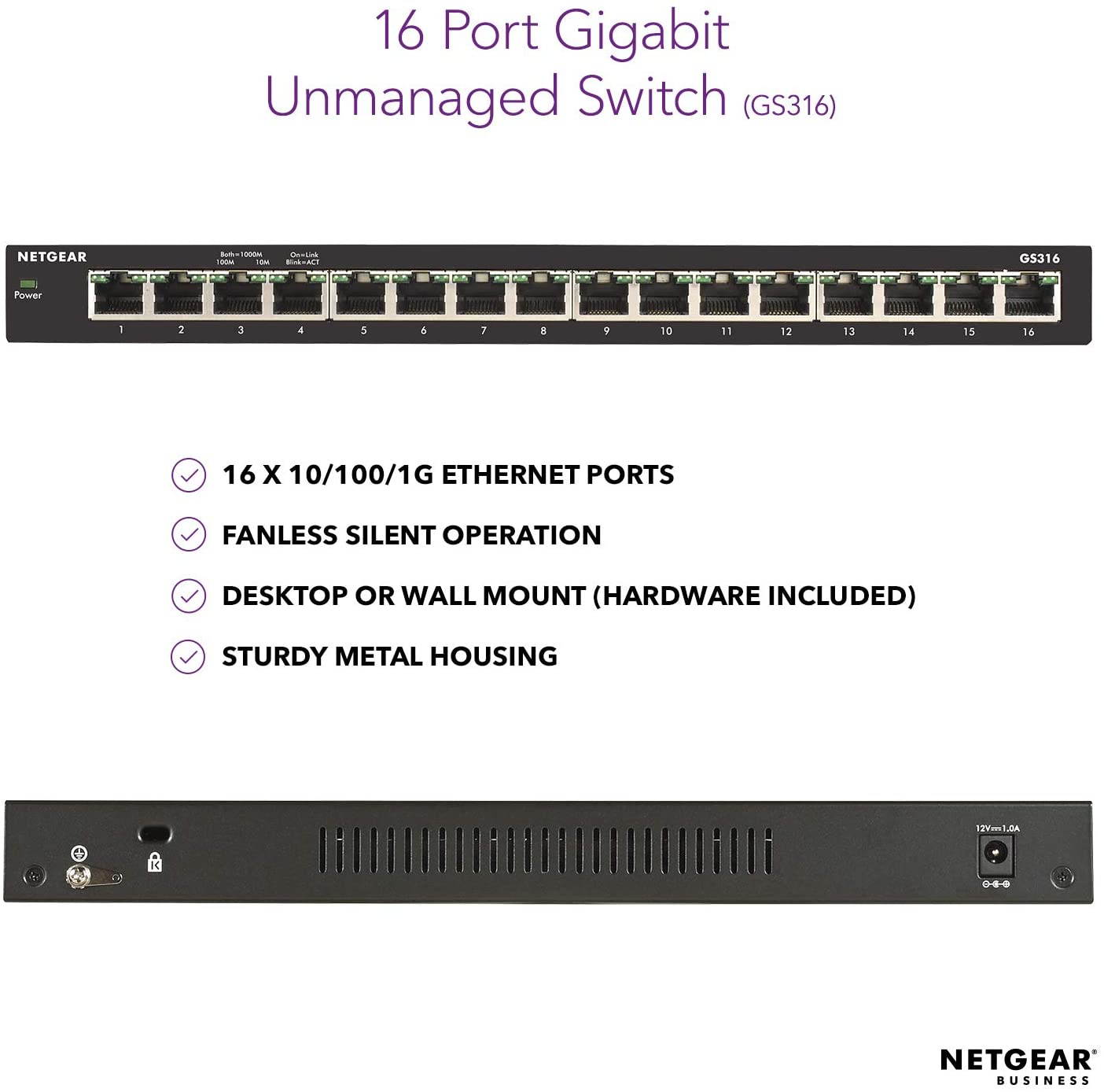 16-Port Gigabit Ethernet Unmanaged Switch (GS316) - Desktop, Fanless Housing for Quiet Operation