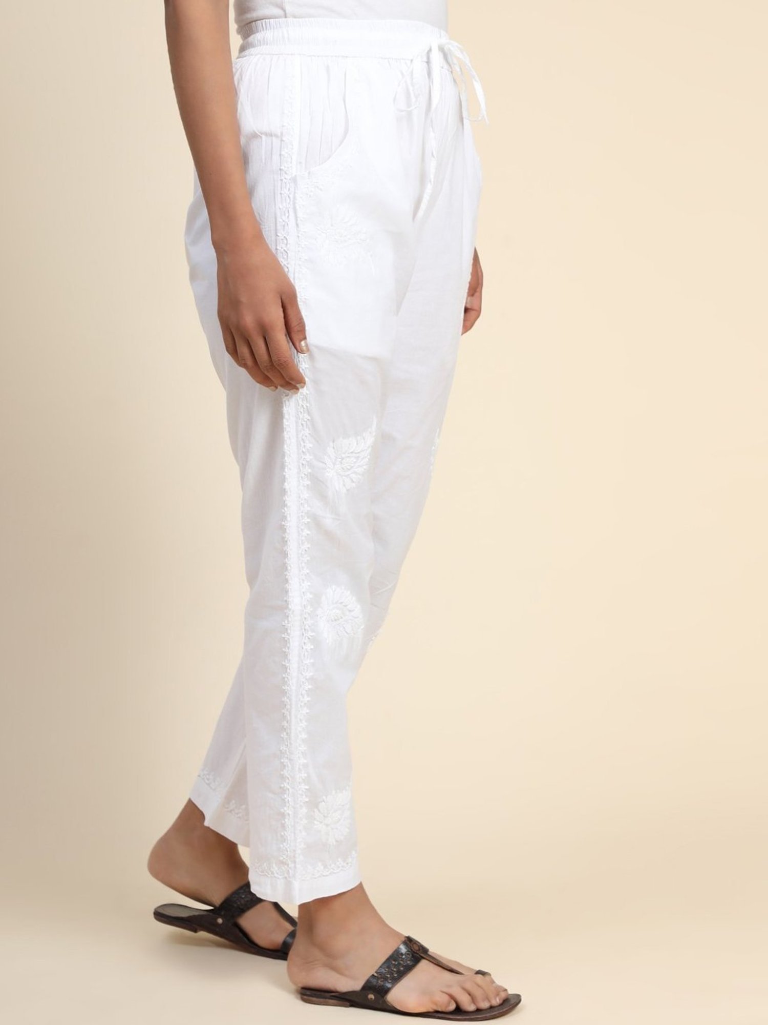 HOK Chikankari Cotton Pant Trouser White
