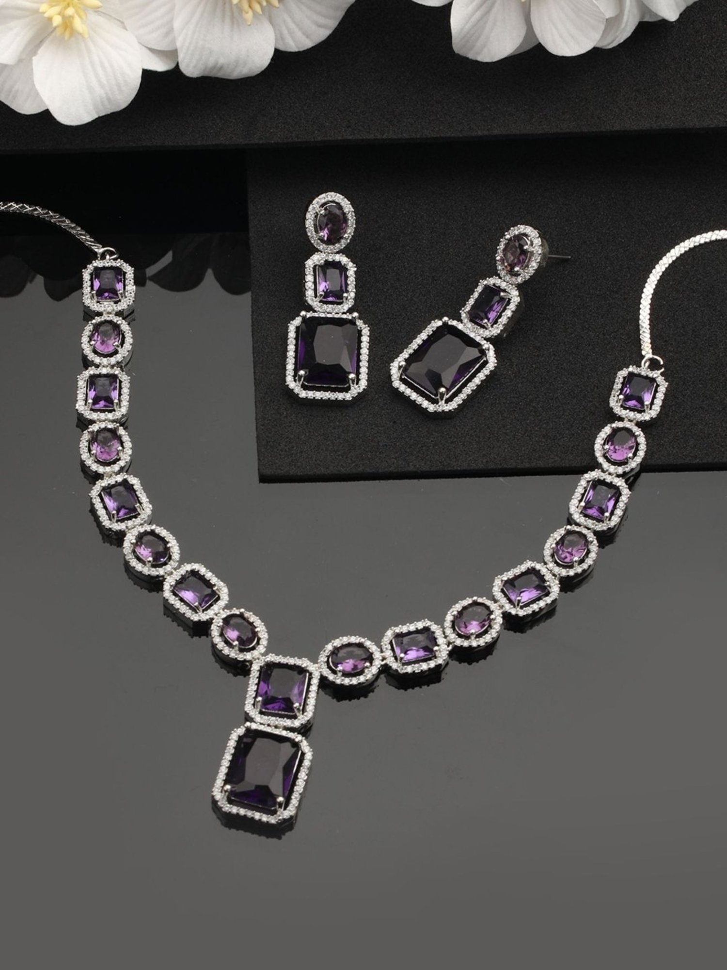 Aatmana Silver-Plated AD-Studded Handcrafted White & Purple Necklace Set