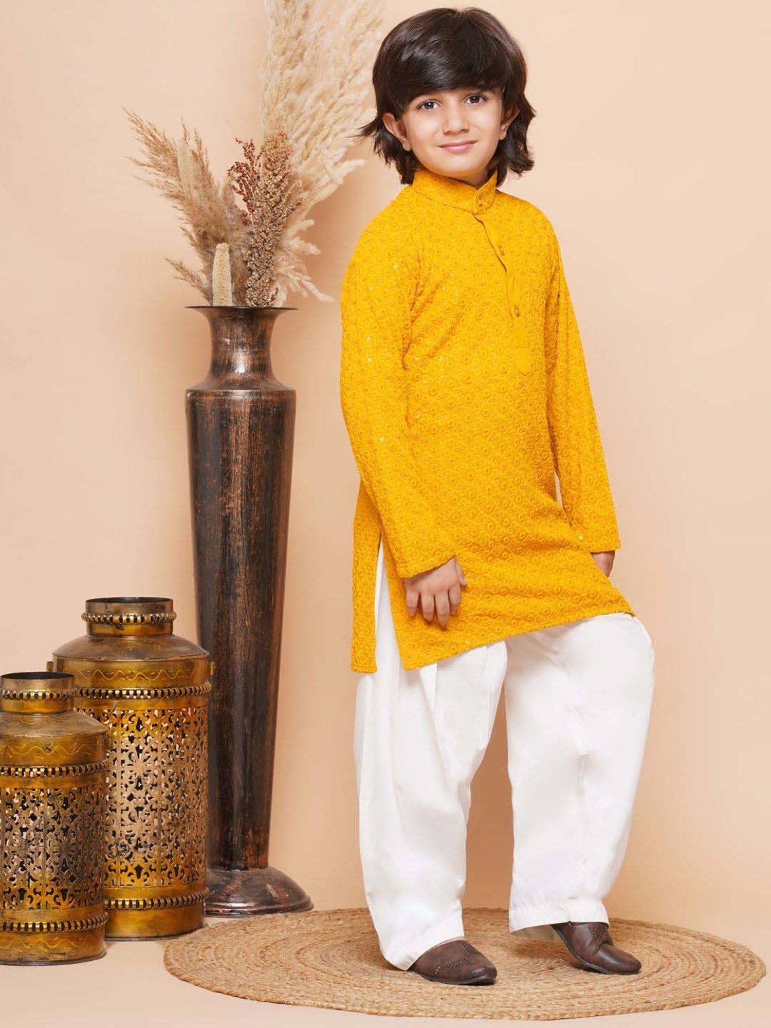 AJ Dezines Kids Yellow & White Cotton Embroidered Full Sleeves Kurta Set