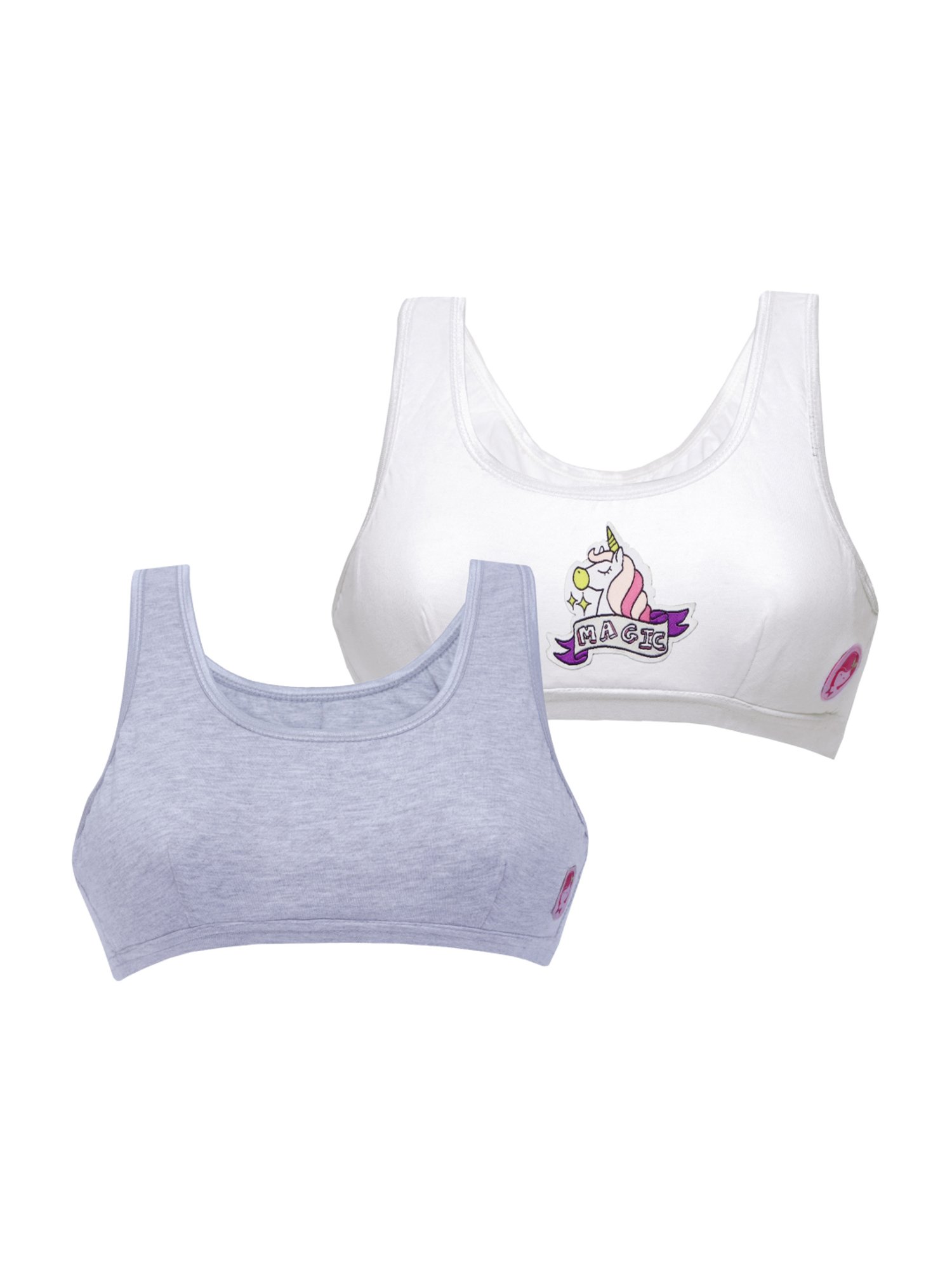 D'chica Kids White & Grey Cotton Printed Non Padded Bras - Pack of 2