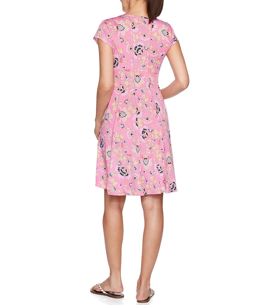 Ruby Rd. Petite Size Dotted Floral Puff Print Round Neck Short Sleeve A-Line Dress