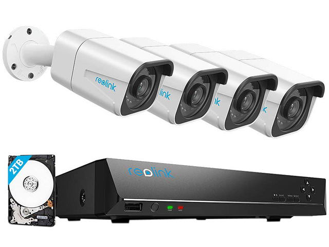 Reolink 4K Ultra HD 8CH POE Security Camera System, 4 x Wired 8MP Outdoor PoE IP Cameras, 8MP 8-Channel NVR with 2TB HDD Video Surveillance System for 24/7 Recording RLK8-800B4