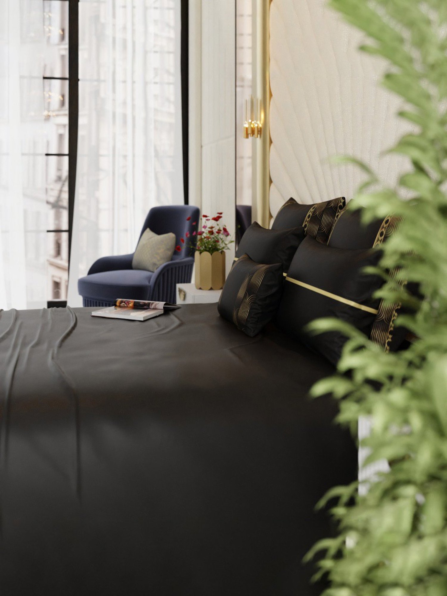 Stoa Paris Midnight Gala Black 300 TC Polyester Super king Crown of Versailles Bedding Set