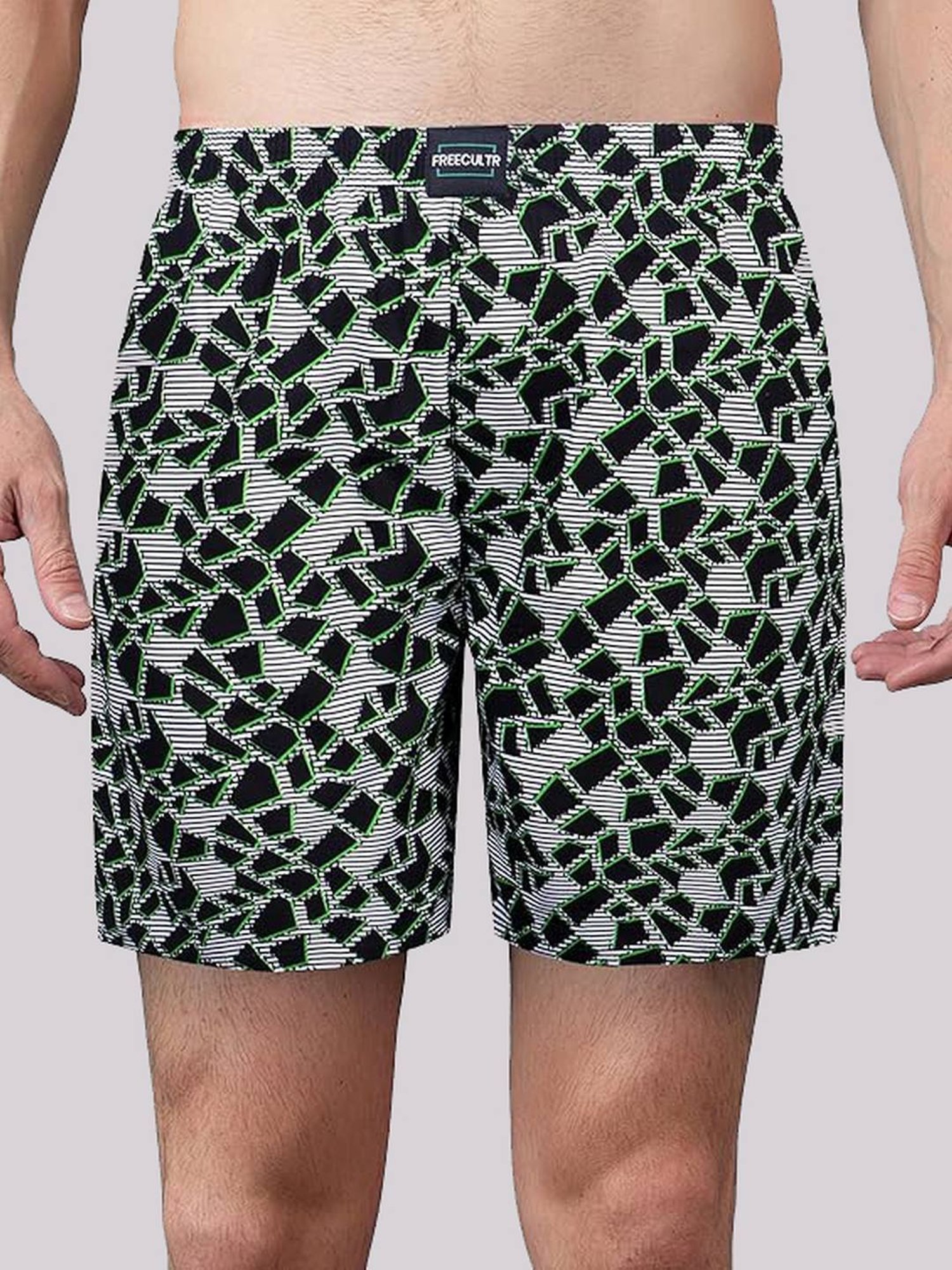 Freecultr Black Cotton Regular Fit Printed Lounge Shorts